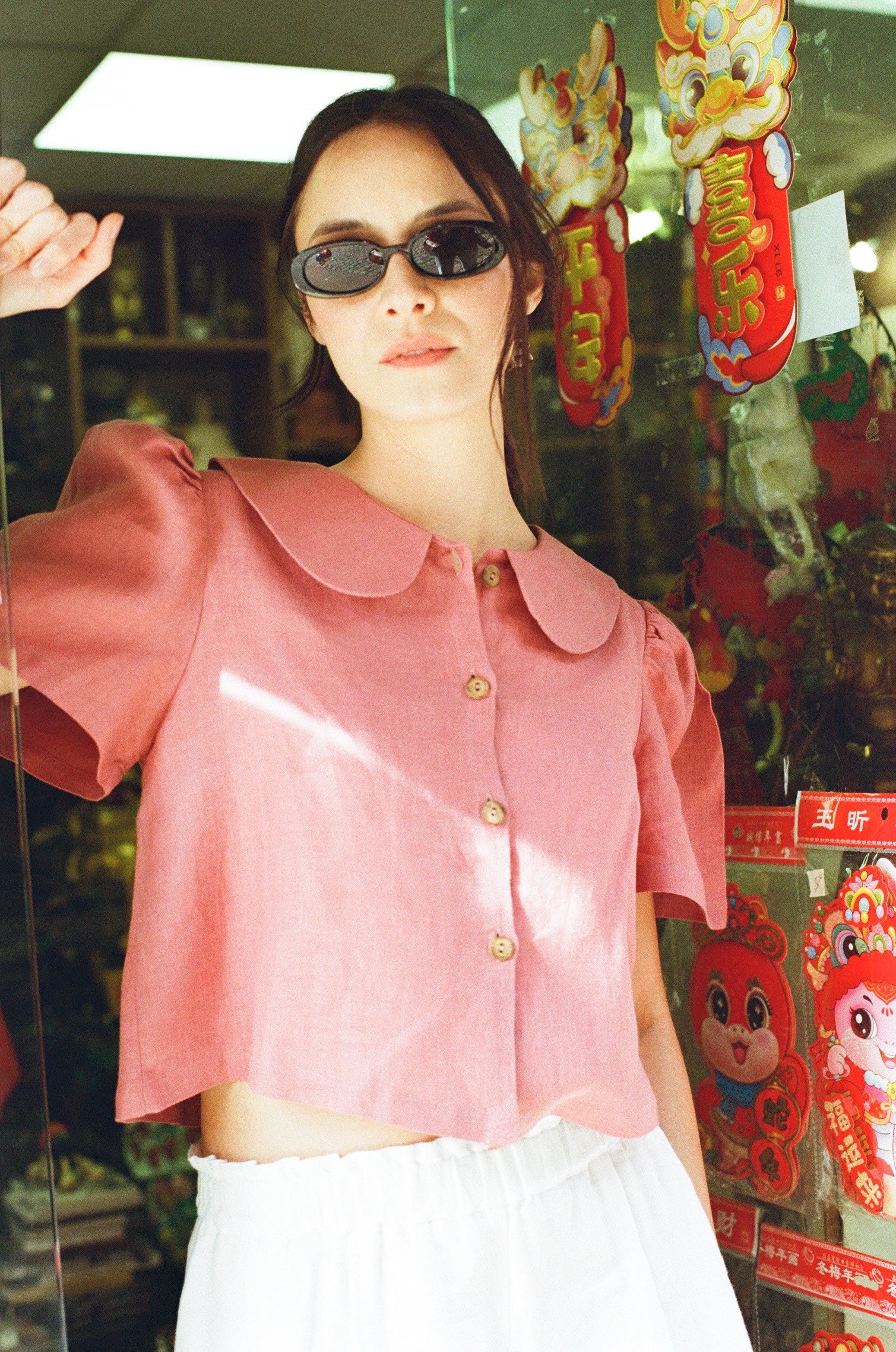 Frances Linen Cropped Blouse - Berry