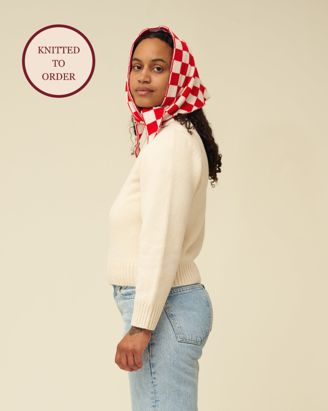 Checkerboard Merino Lambswool Neckerchief - Poppy Red & Ecru (Knitted-to-Order)