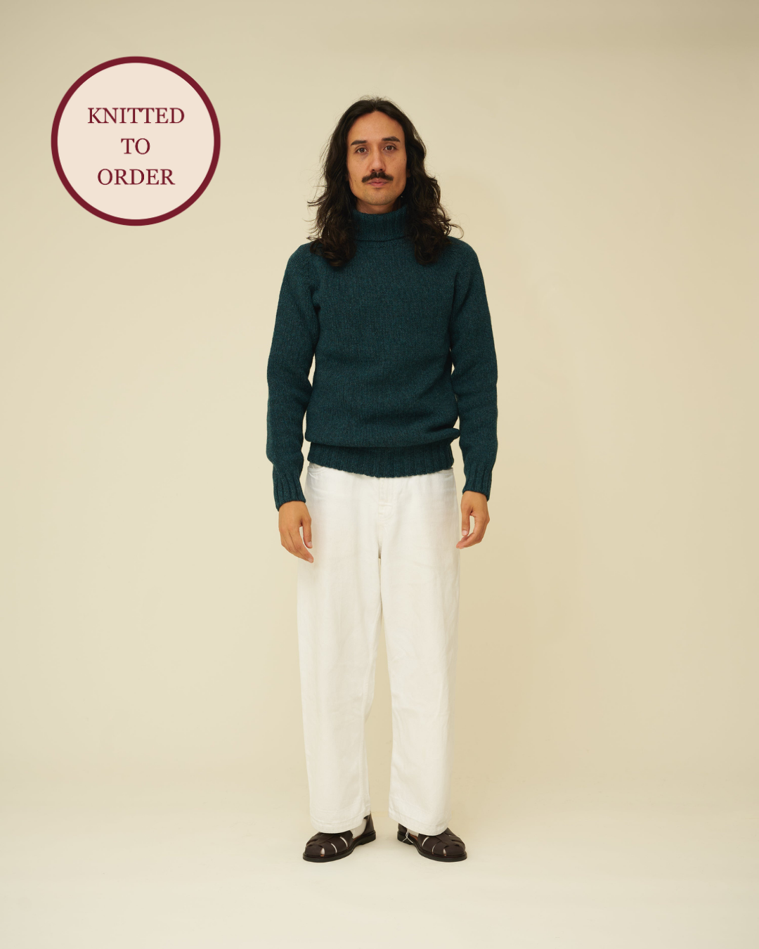 Chunky Merino Lambswool Roll Neck - Petrol Green (Knitted-to-Order)