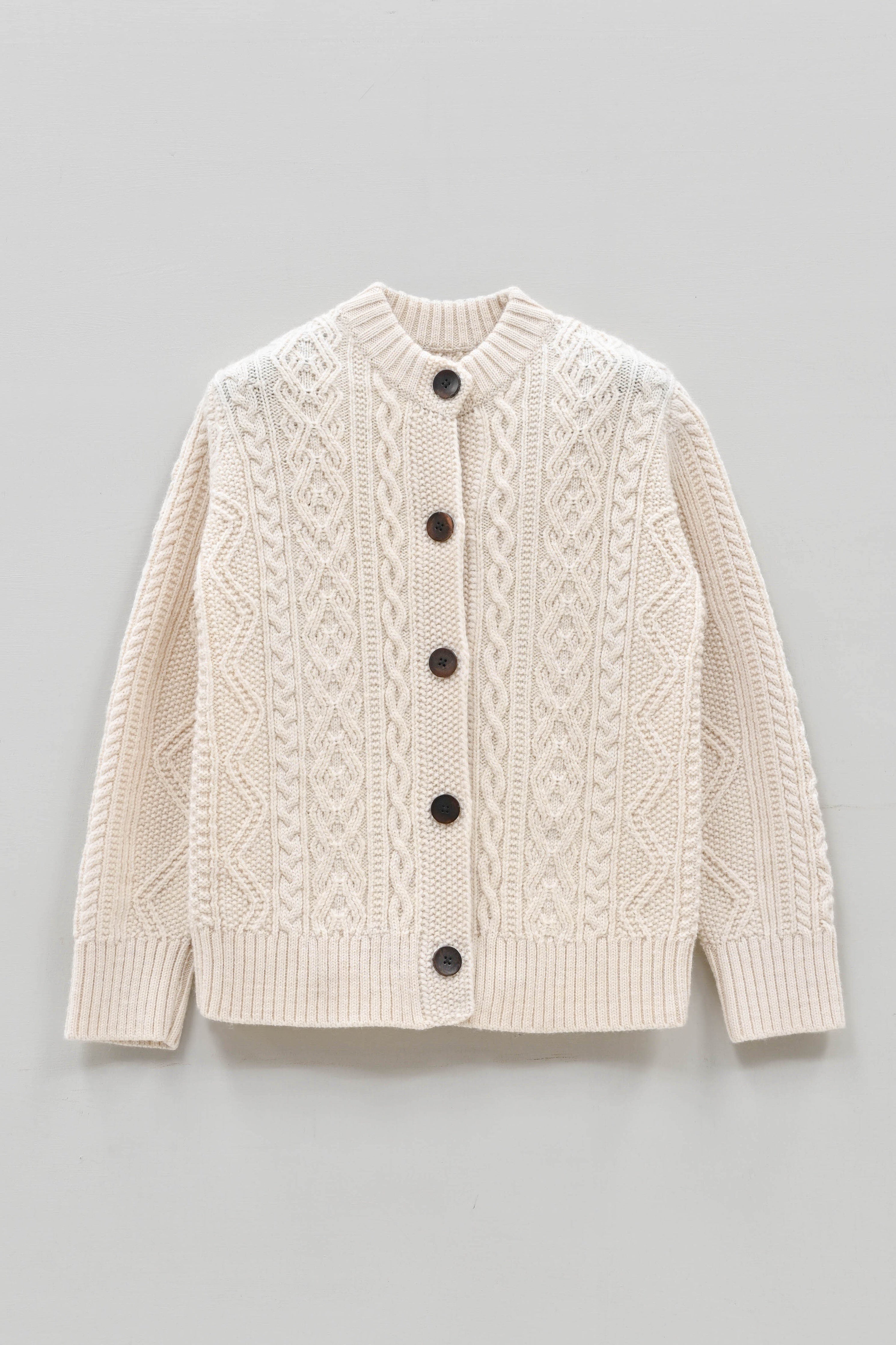 The Freyja British Wool Cable Cardigan in Ecru