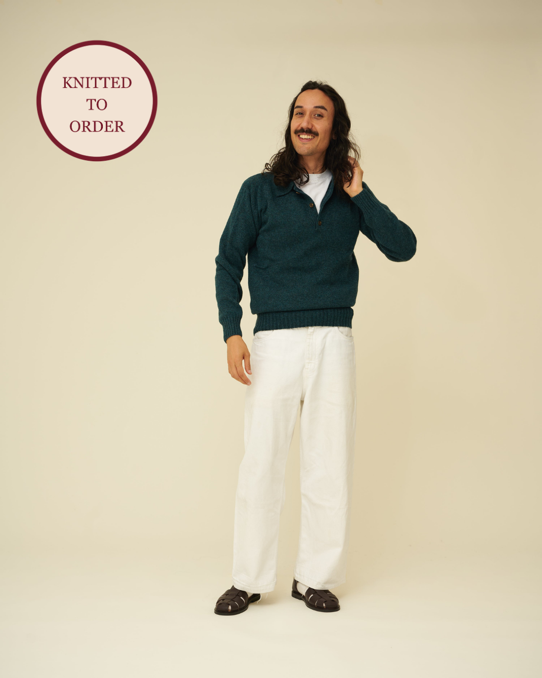 Merino Lambswool Rugby Jumper - Petrol Green (Knitted-to-Order)