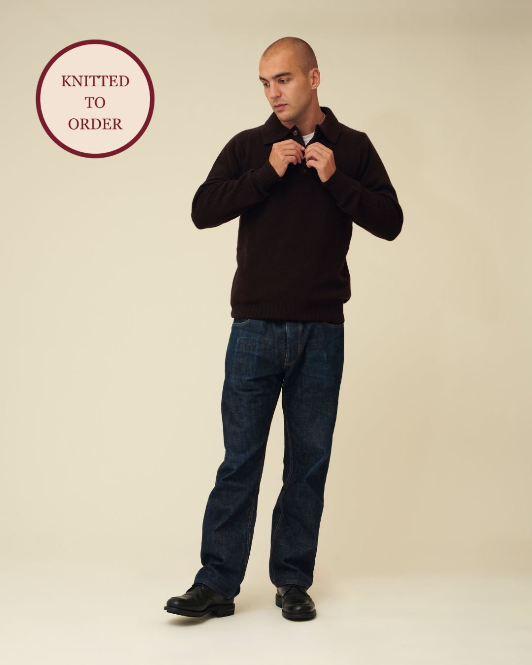 Merino Lambswool Rugby Jumper - Dark Brown (Knitted-to-Order)