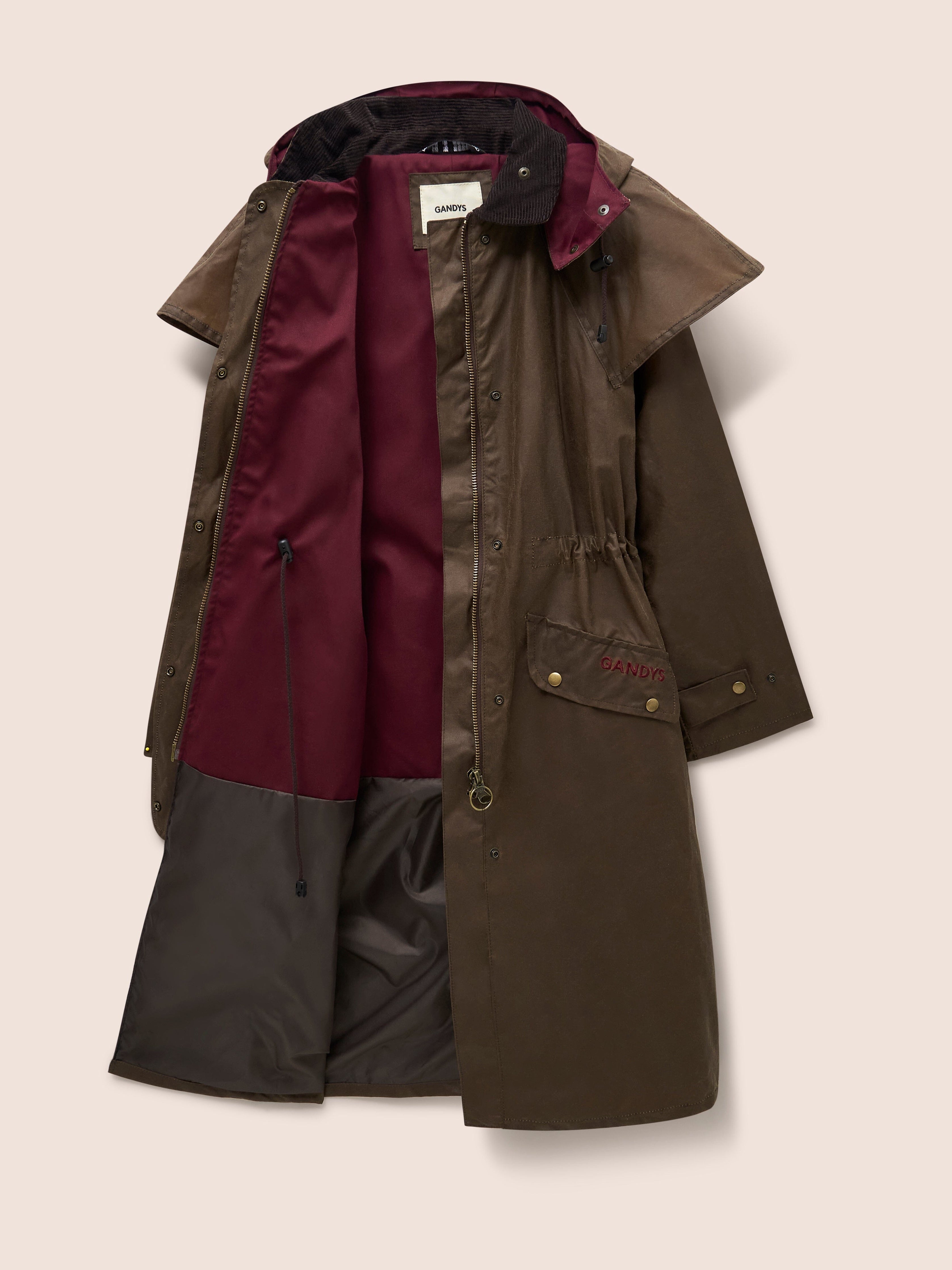 Bala Made in England Waxed Cotton Long Trench Coat in Dark Tan