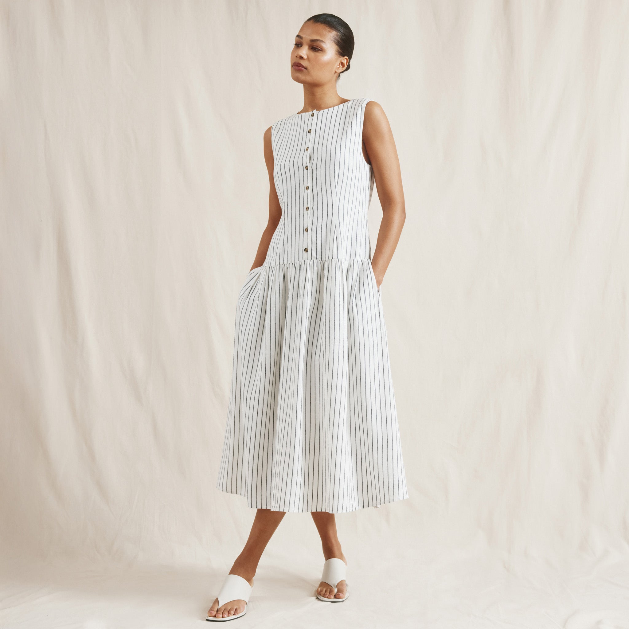Stripe Linen Blend Drop Waist Button Dress