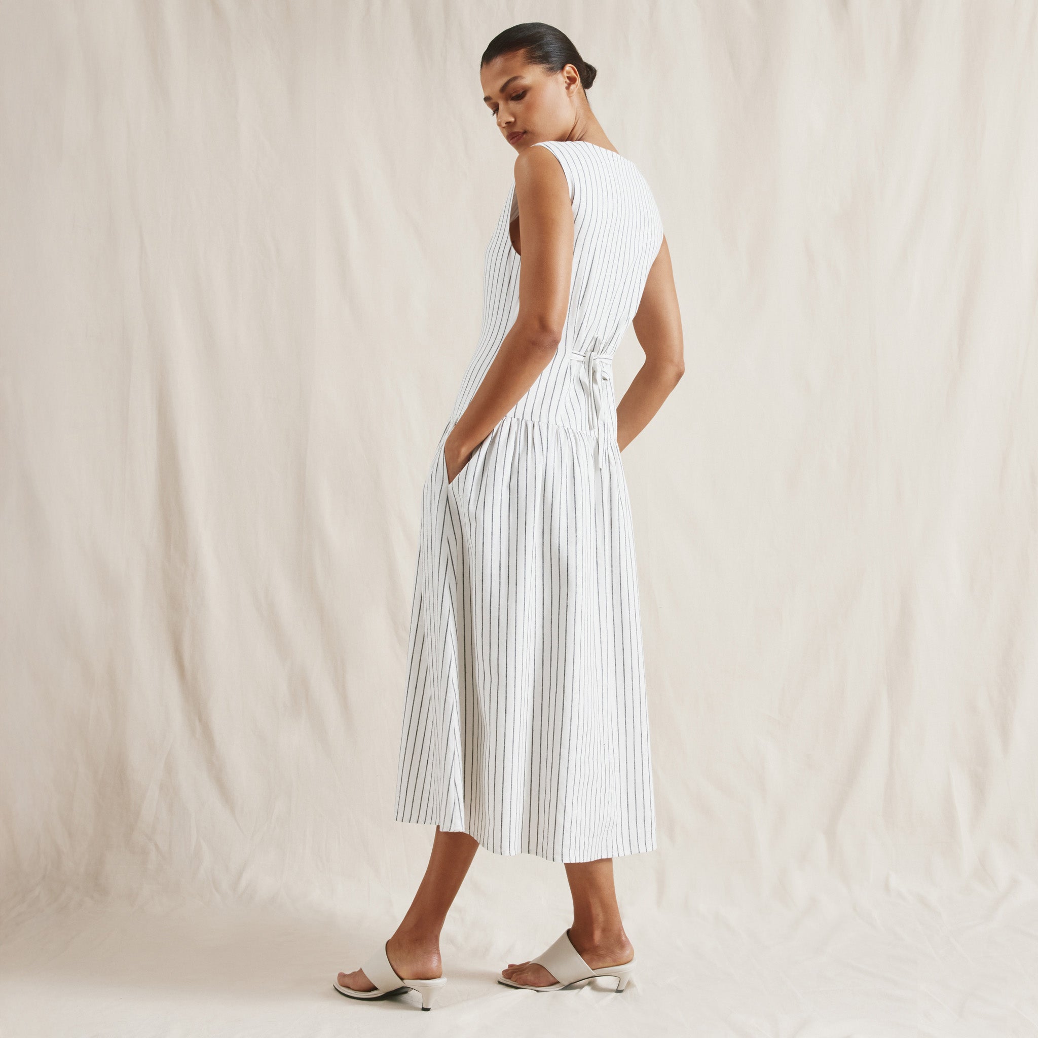 Stripe Linen Blend Drop Waist Button Dress