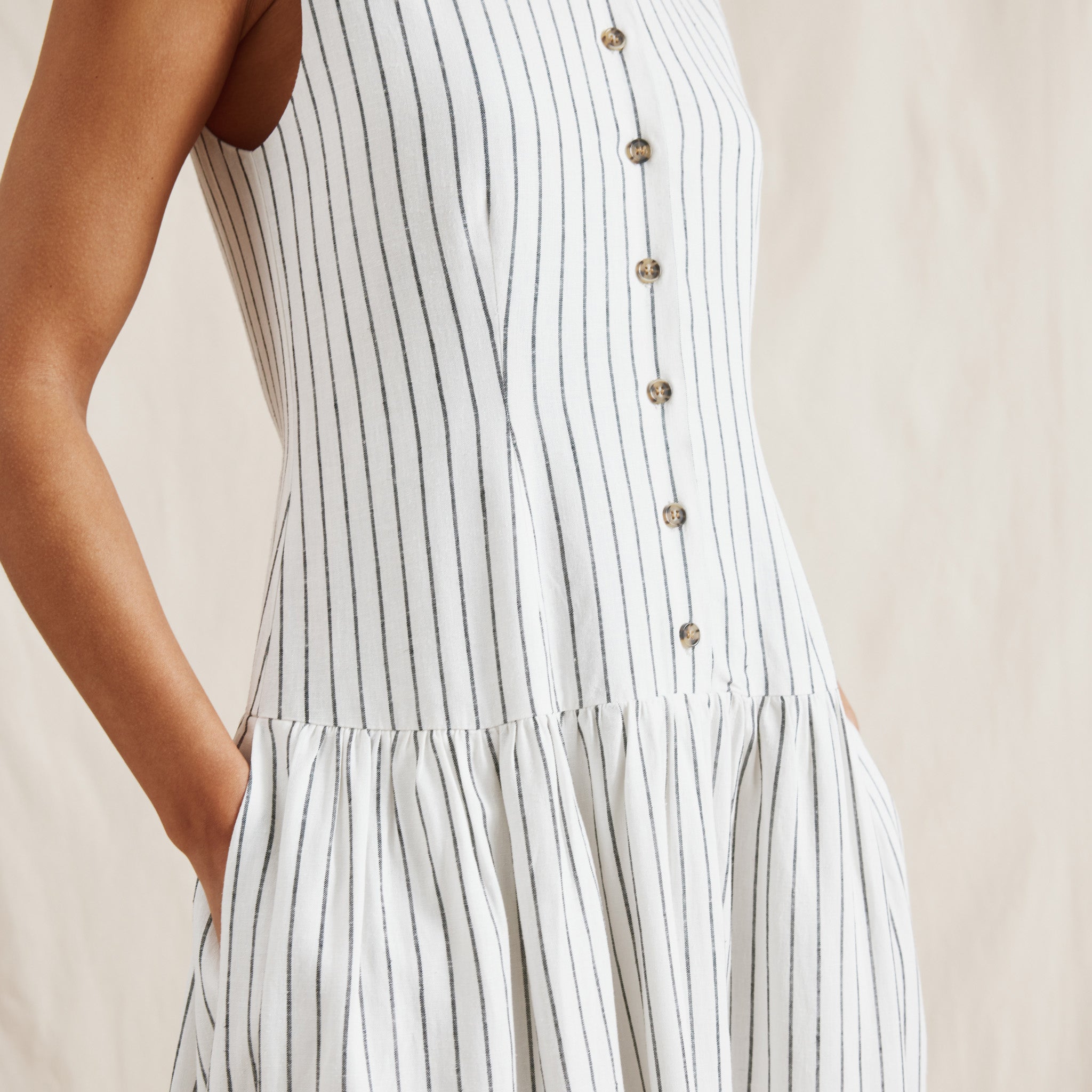 Stripe Linen Blend Drop Waist Button Dress