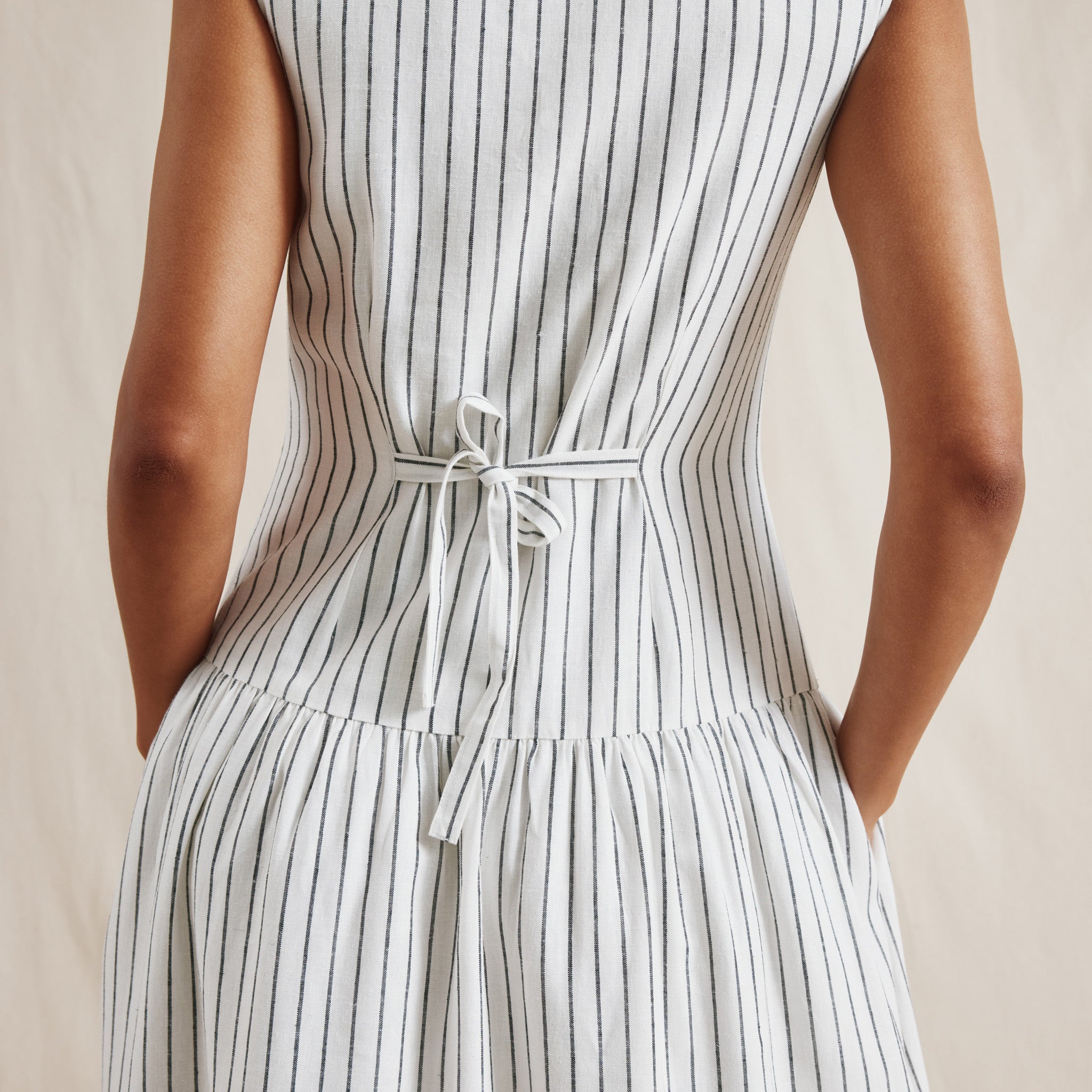 Stripe Linen Blend Drop Waist Button Dress