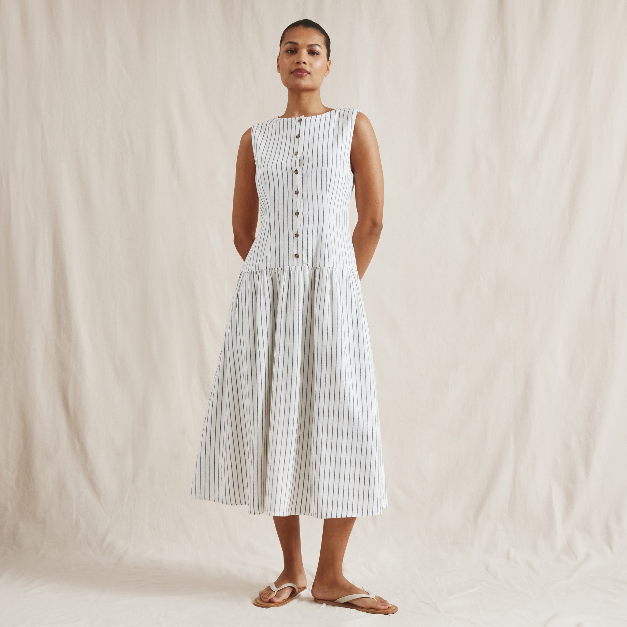 Stripe Linen Blend Drop Waist Button Dress