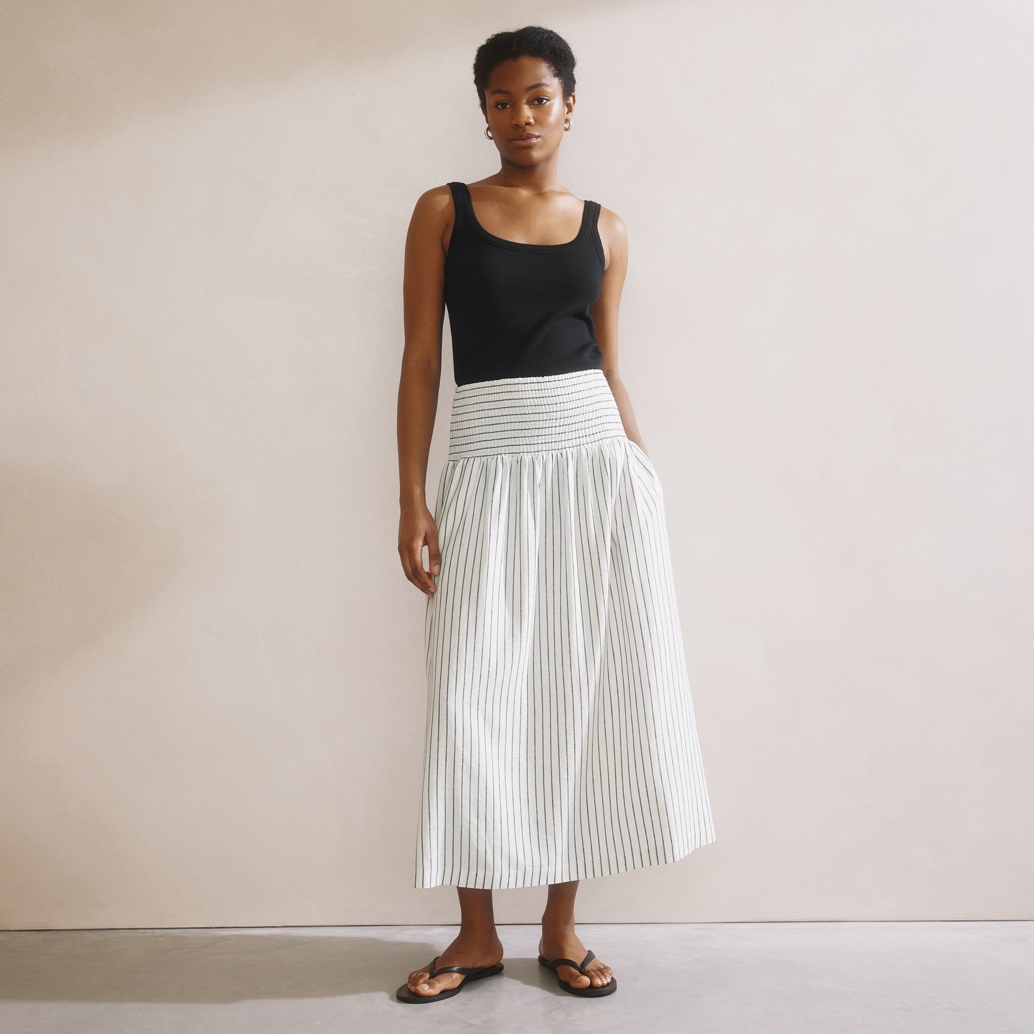 Stripe Linen Blend Shirred Waist Skirt