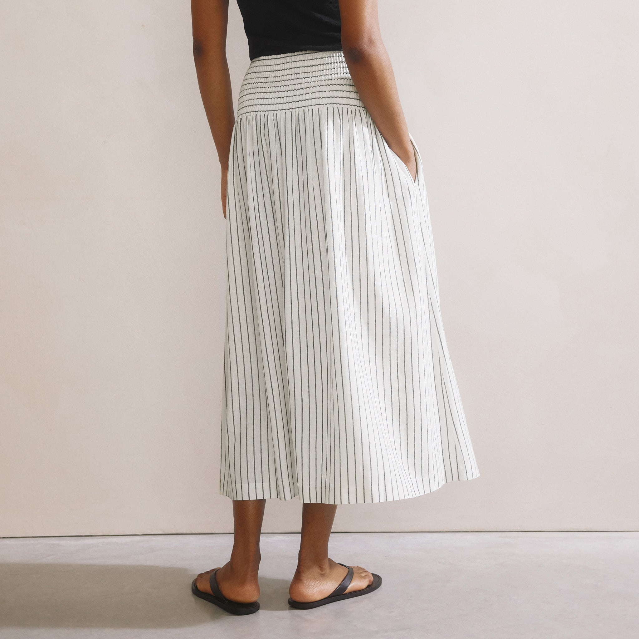 Stripe Linen Blend Shirred Waist Skirt