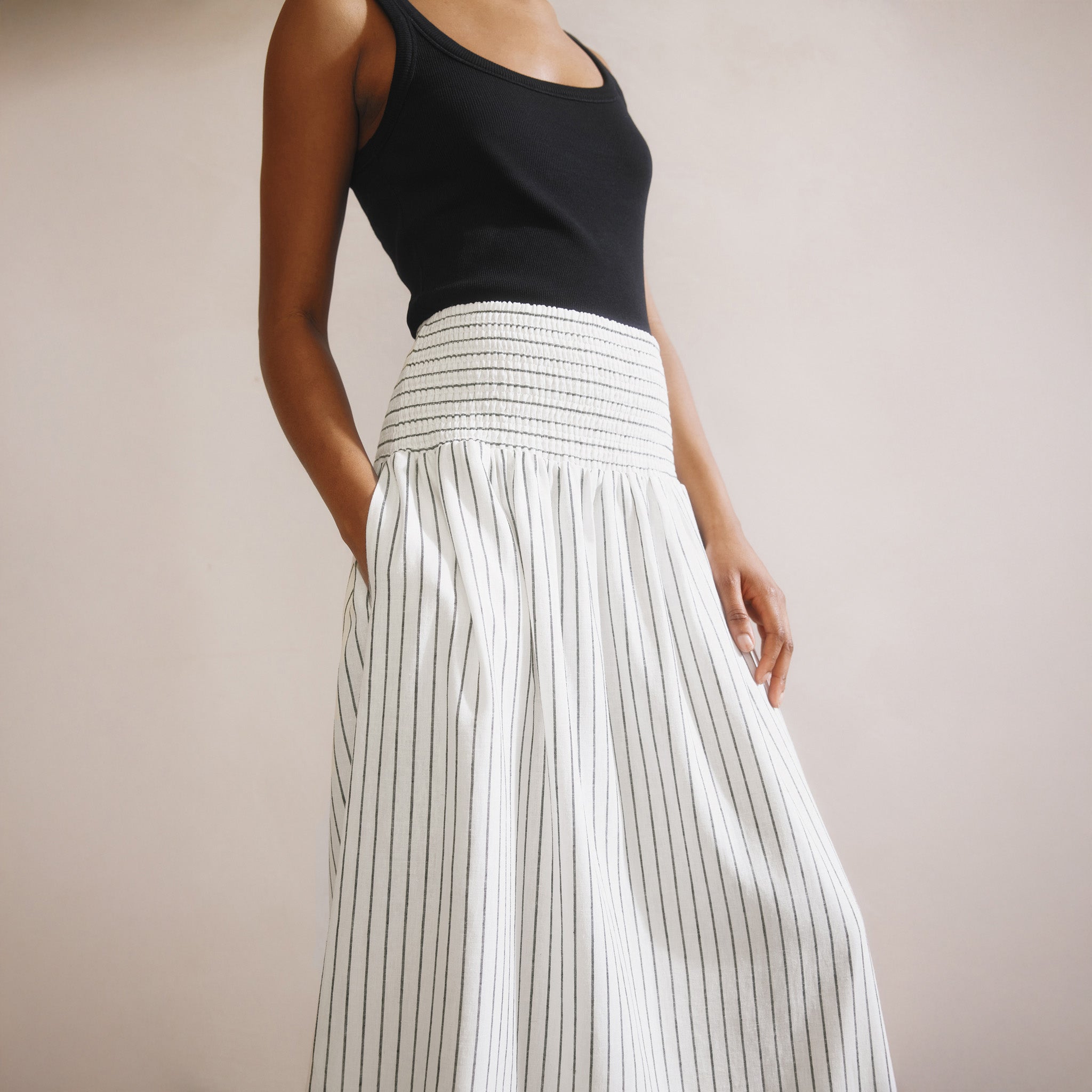 Stripe Linen Blend Shirred Waist Skirt