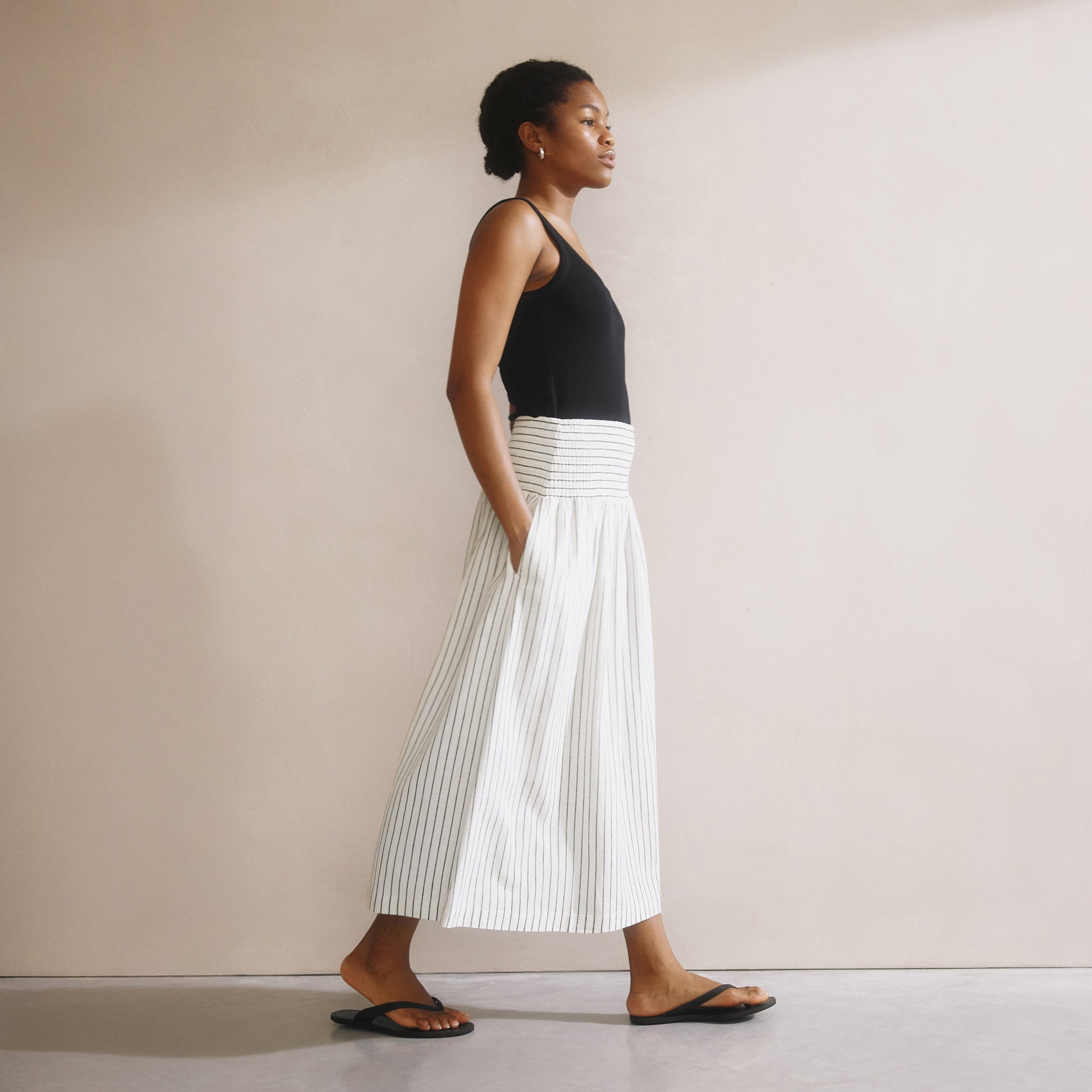Stripe Linen Blend Shirred Waist Skirt