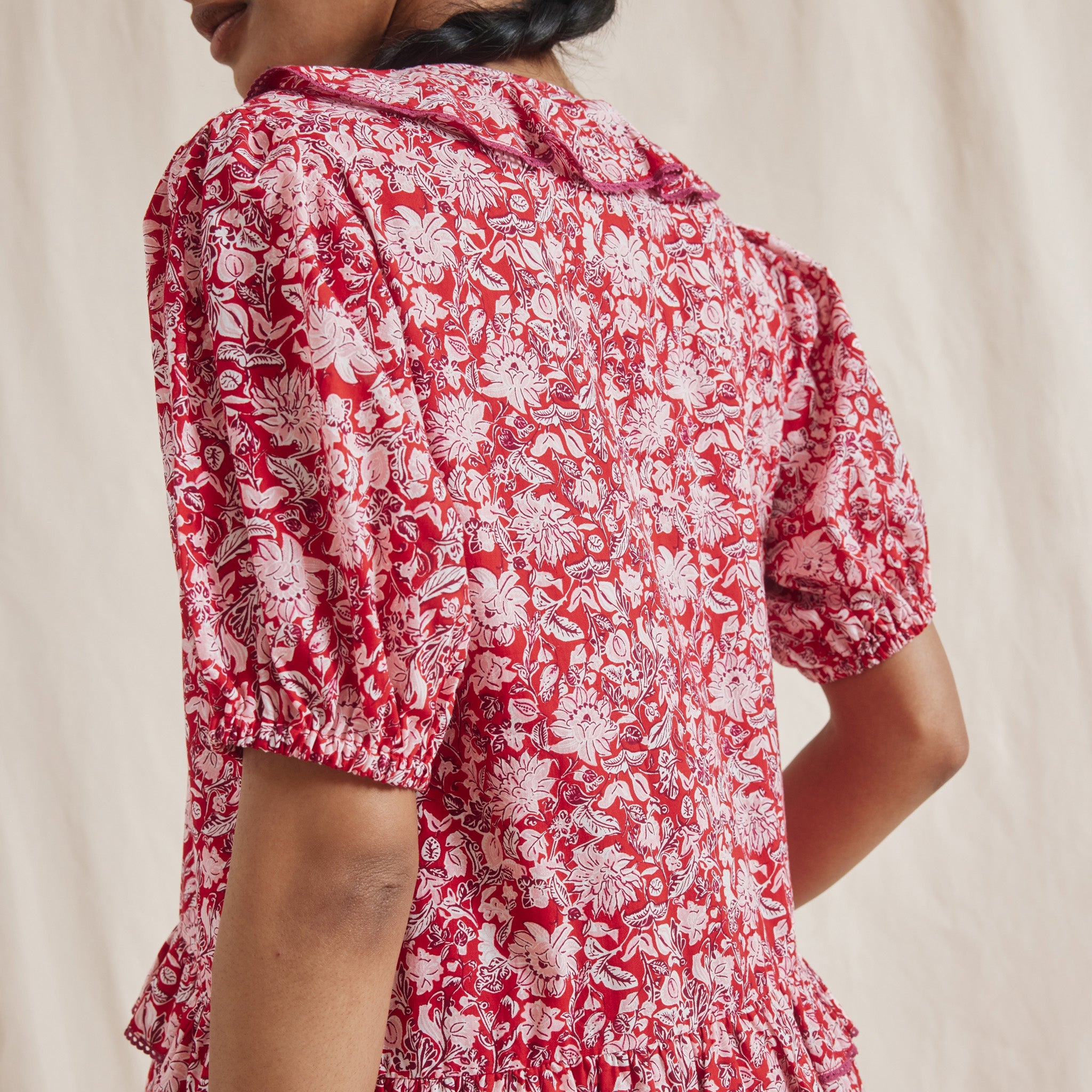 Red Woodblock Frill Midi Dress