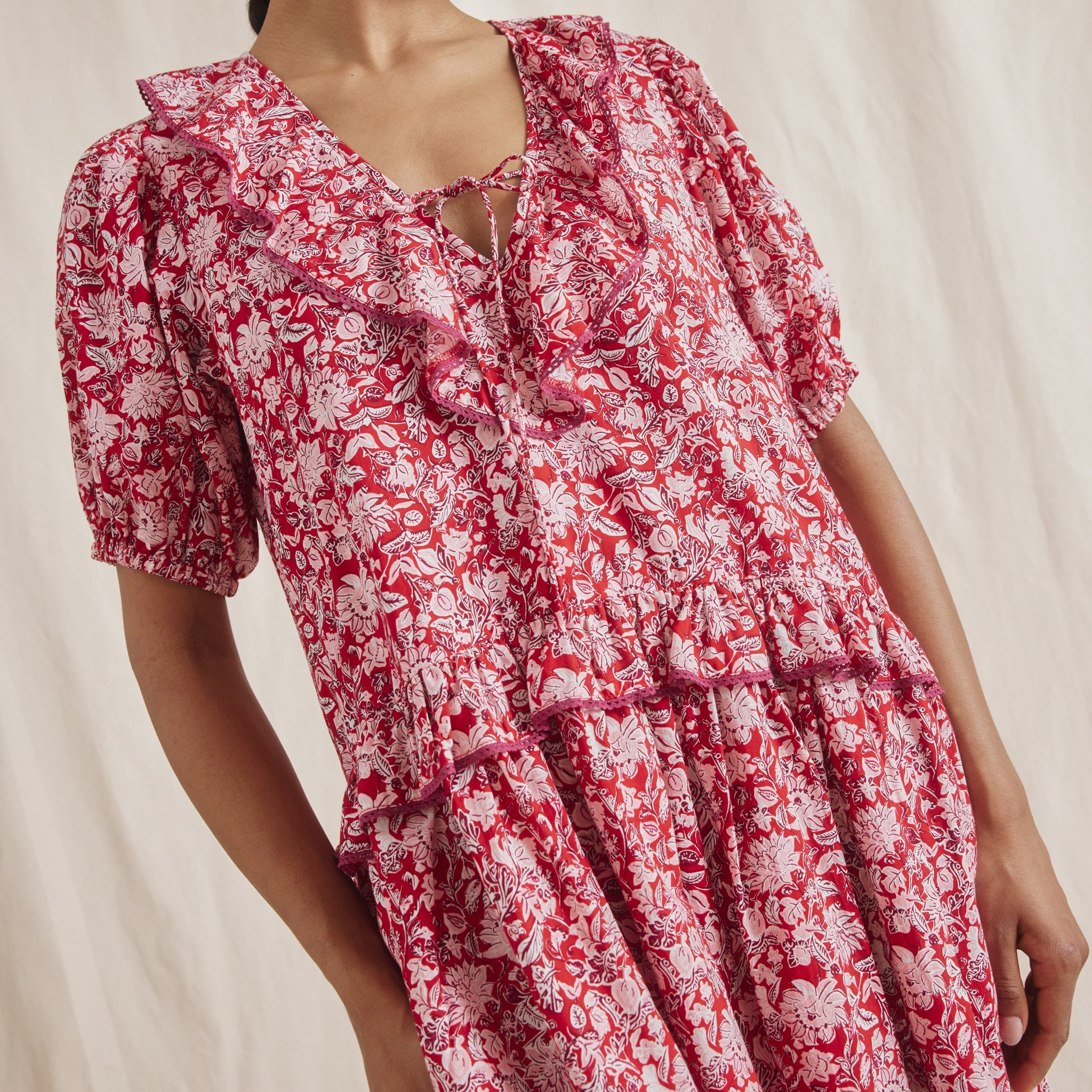 Red Woodblock Frill Midi Dress