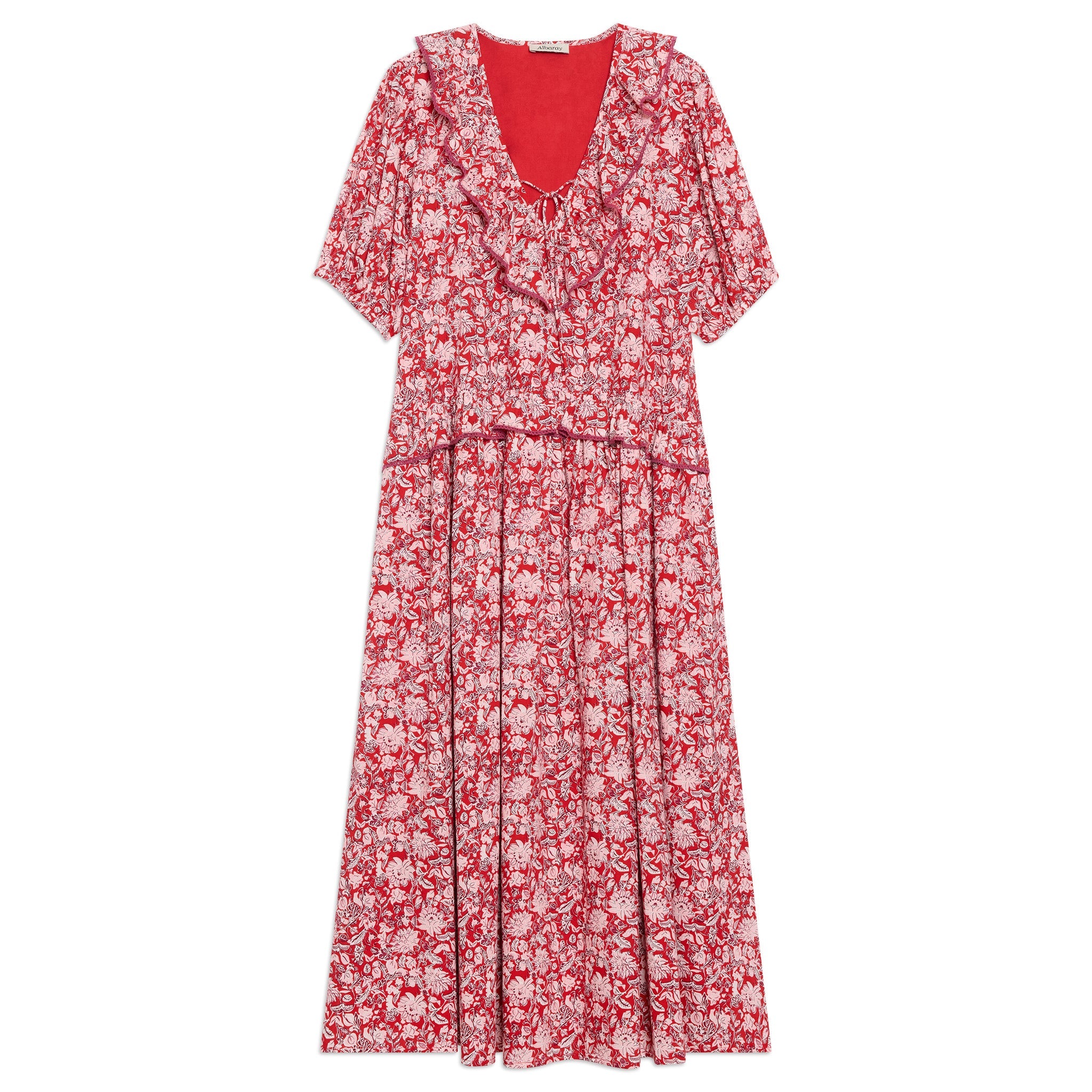 Red Woodblock Frill Midi Dress