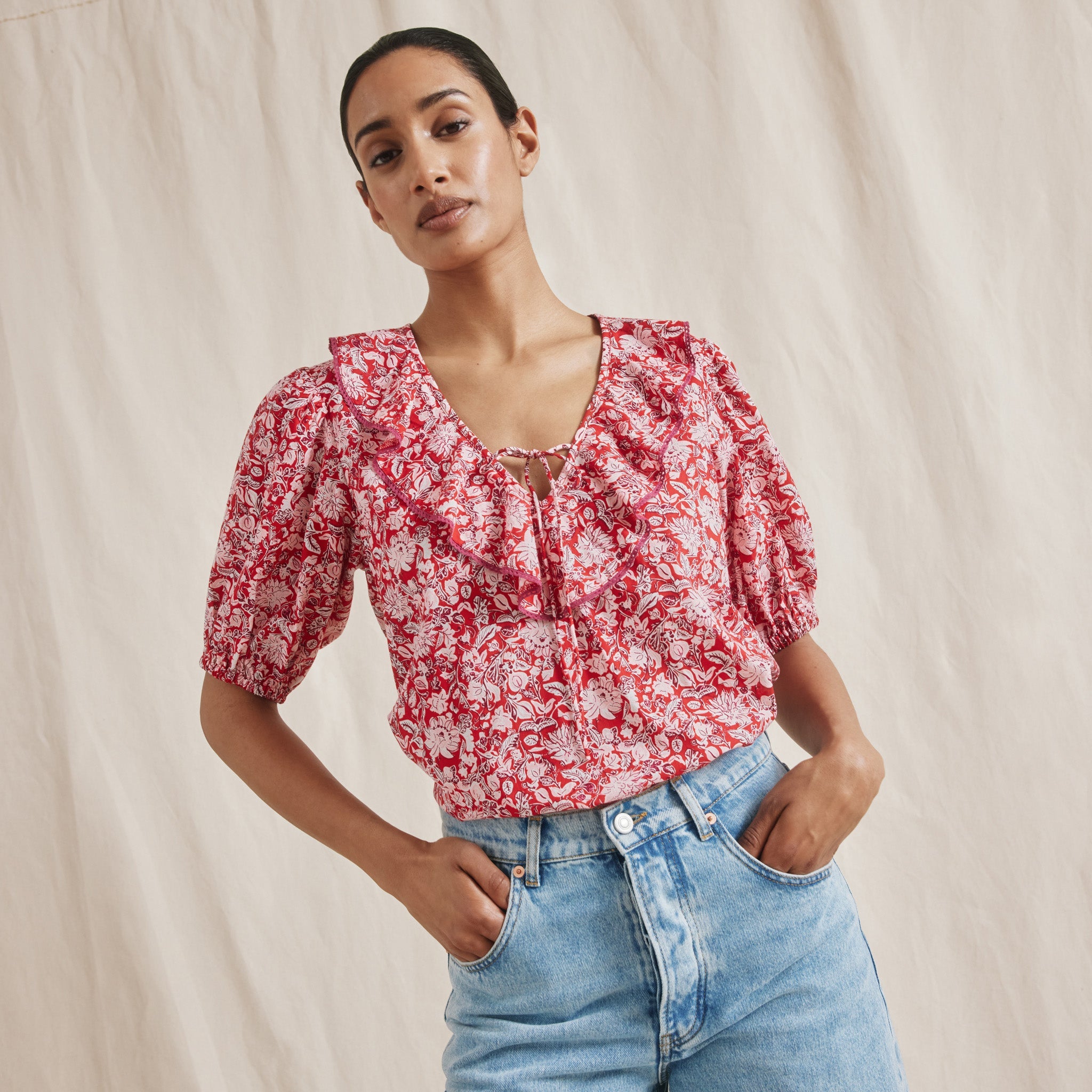 Red Woodblock Frill Top
