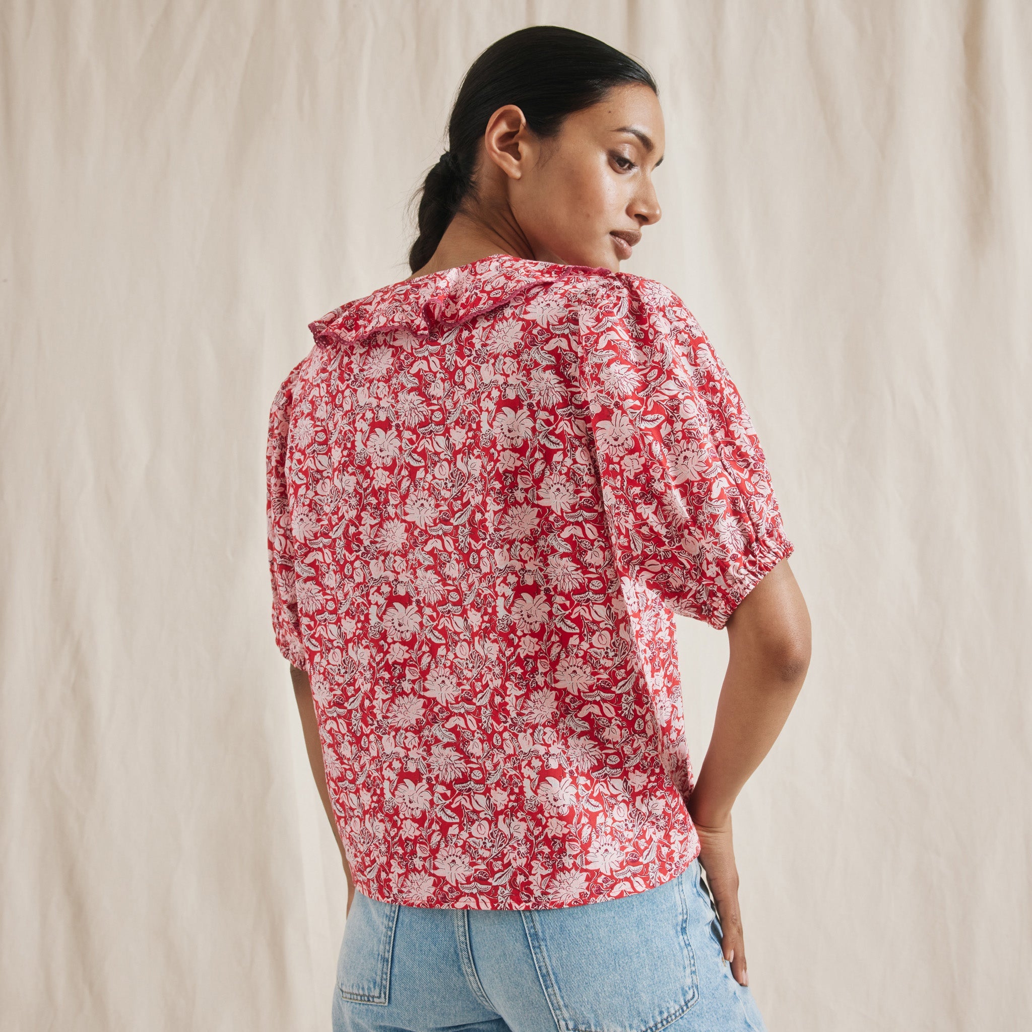 Red Woodblock Frill Top