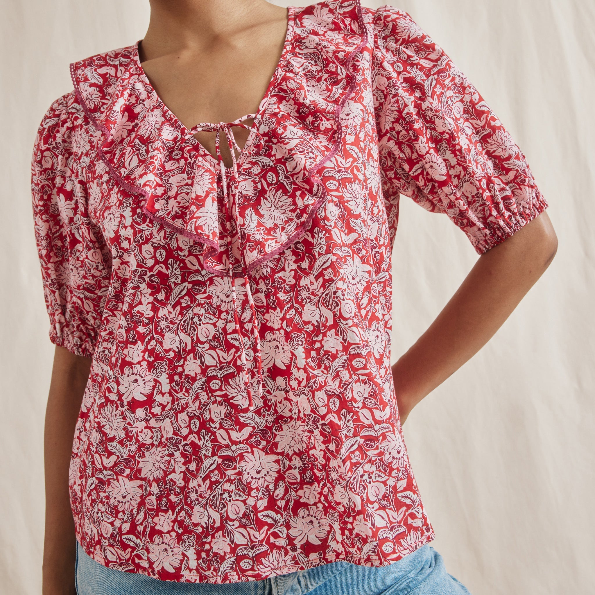 Red Woodblock Frill Top