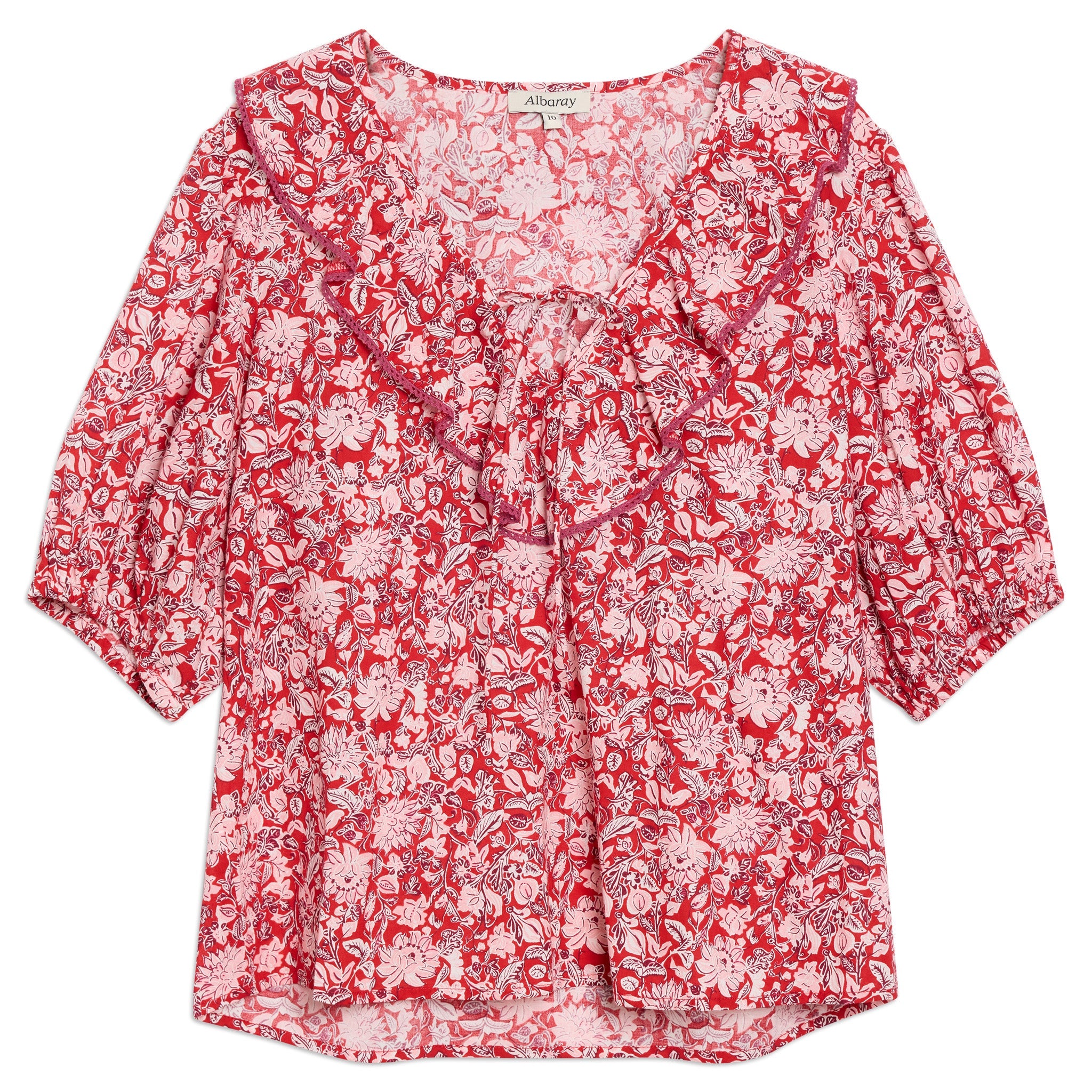Red Woodblock Frill Top
