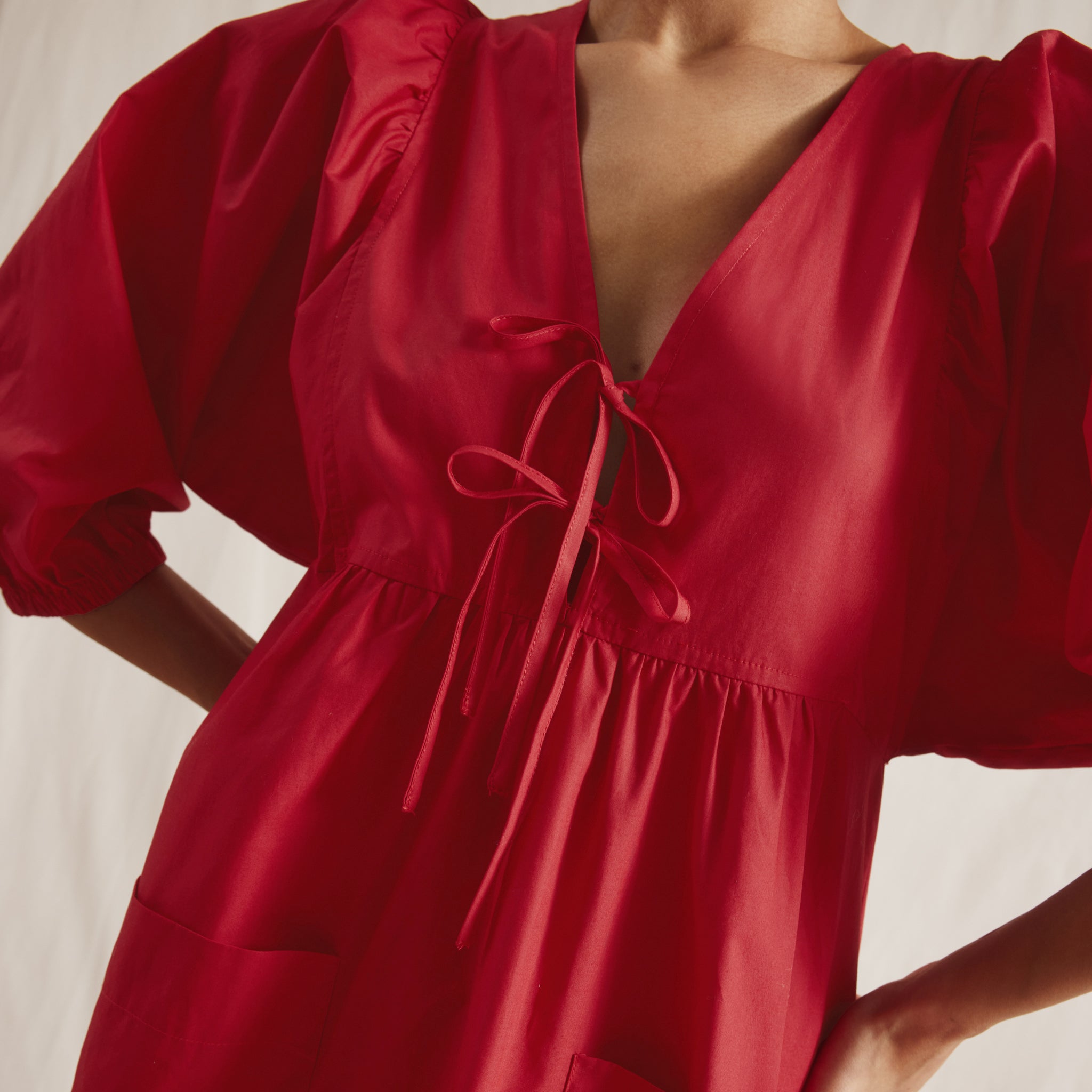 Red Tie V Neck Cotton Dress