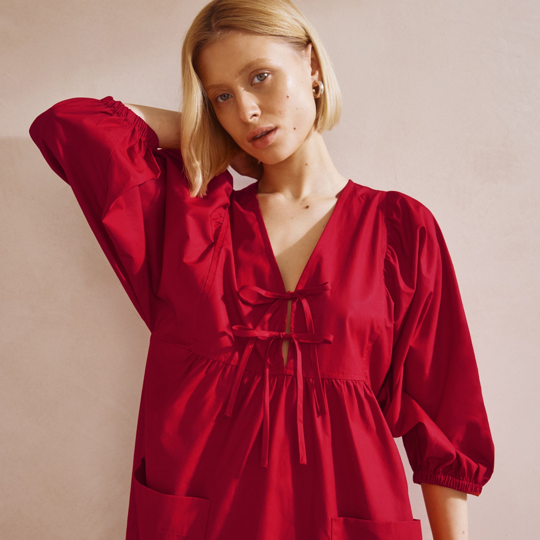 Red Tie V Neck Cotton Dress