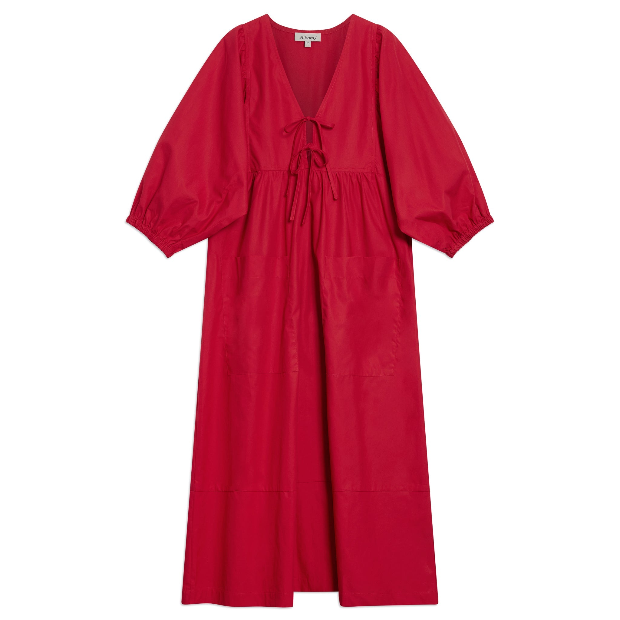Red Tie V Neck Cotton Dress