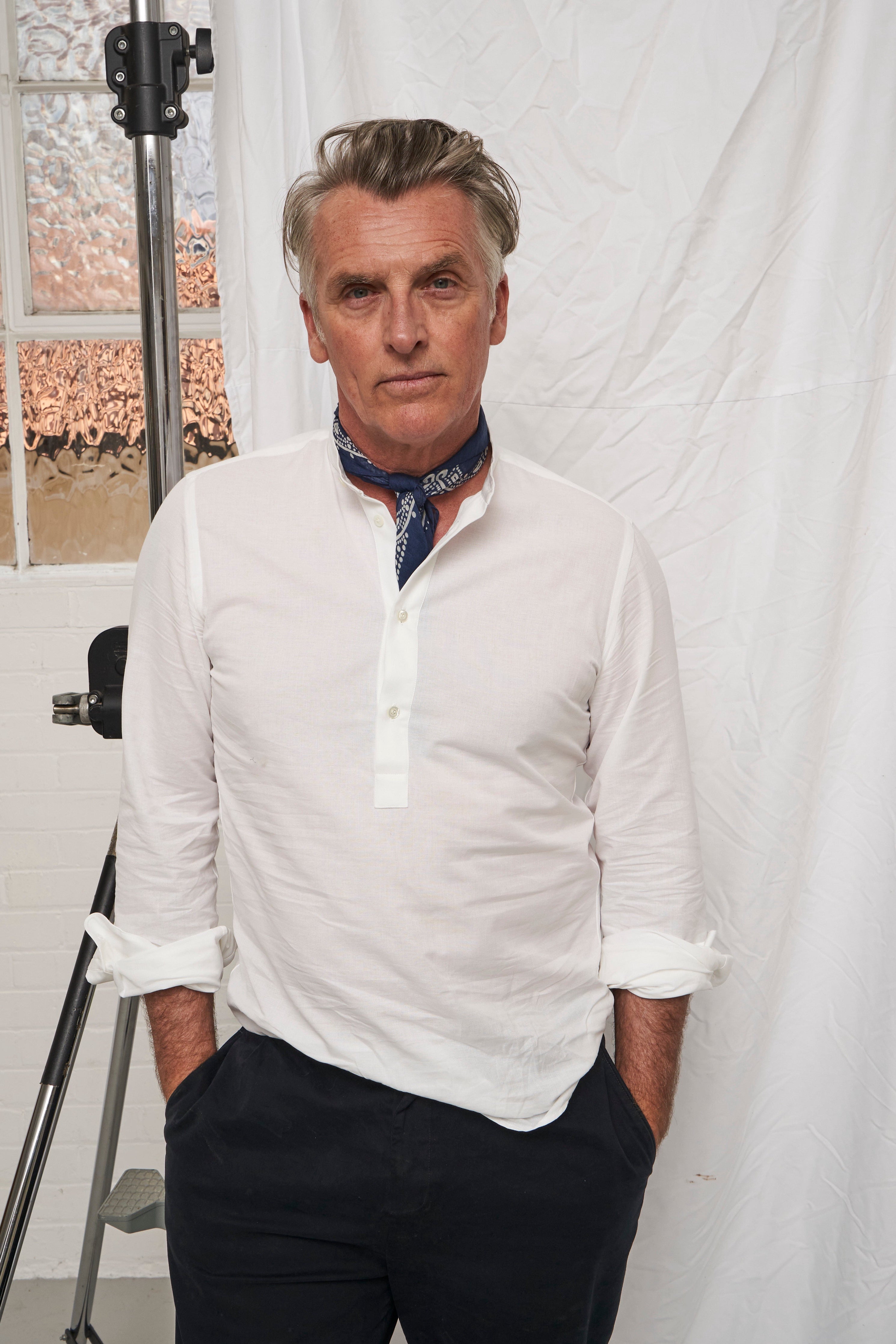 Recycled White Nehru Collar Popover Shirt