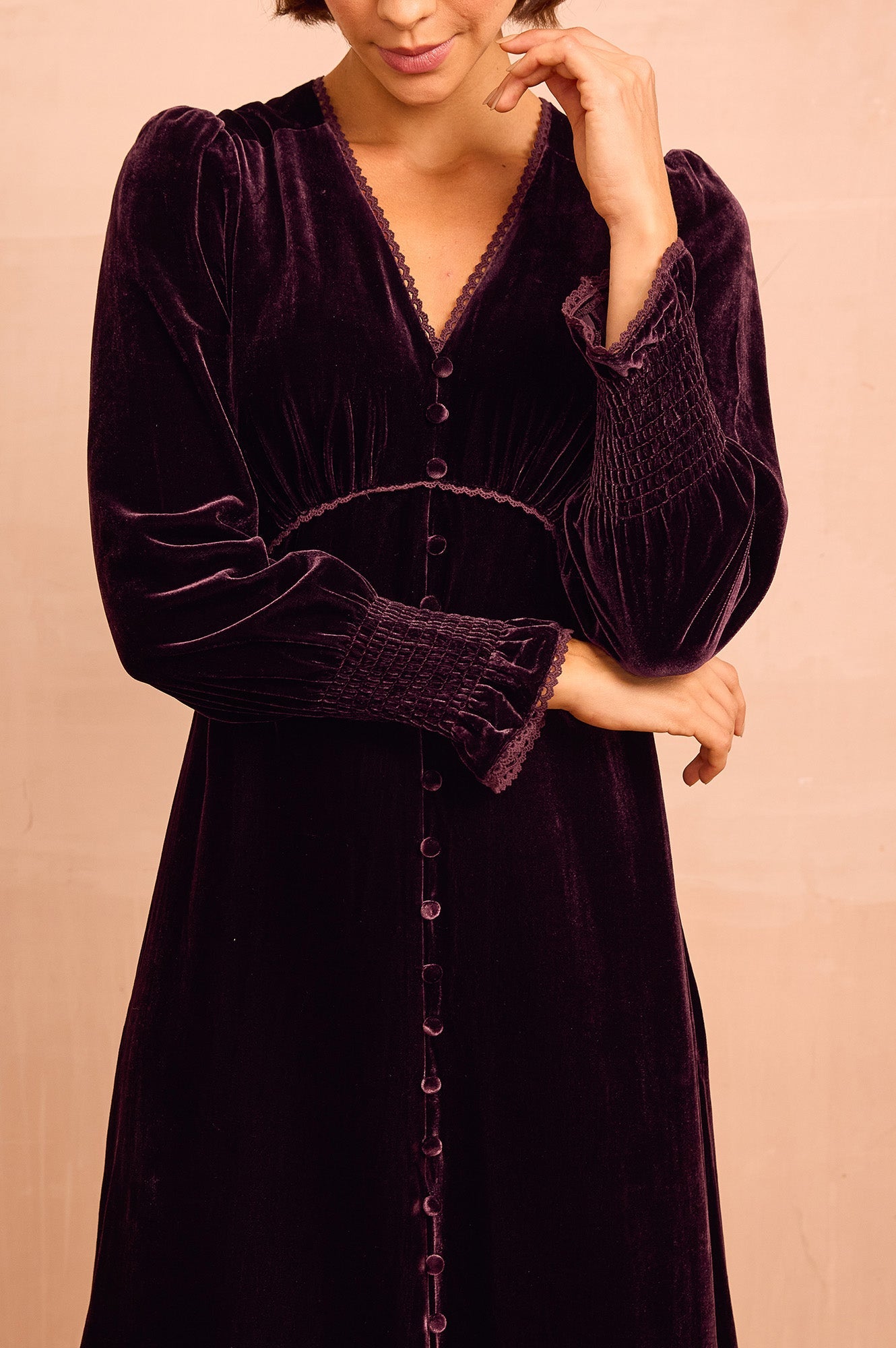 Sally Anne Velvet Long Sleeve Dress | Aubergine