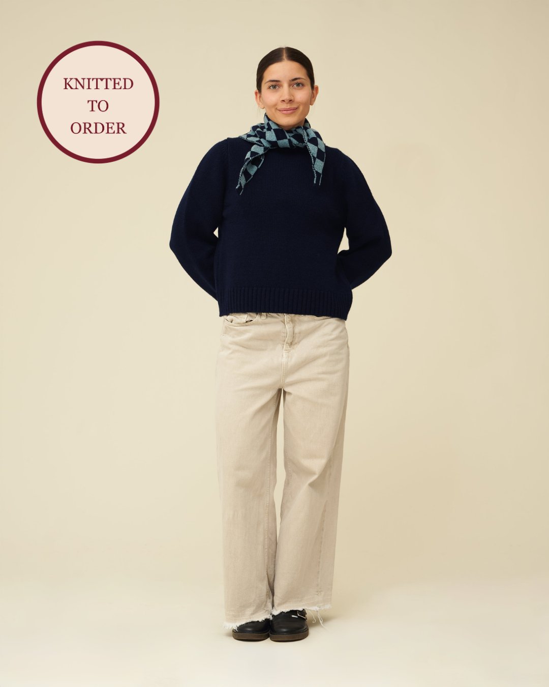 Checkerboard Merino Lambswool Neckerchief - Navy Blue & Helford Green (Knitted-to-Order)