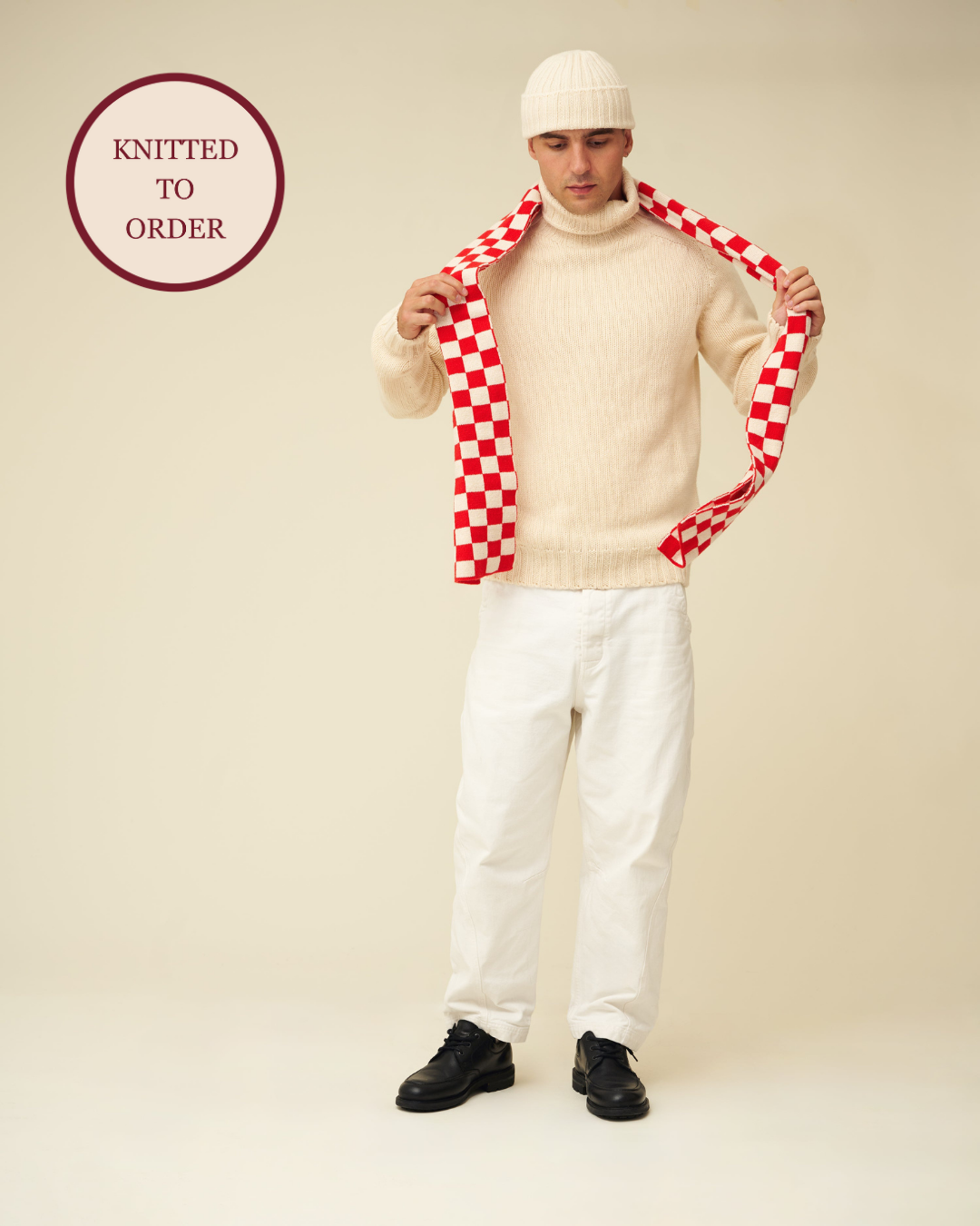 Checkerboard Merino Lambswool Scarf - Poppy Red & Ecru (Knitted-to-Order)