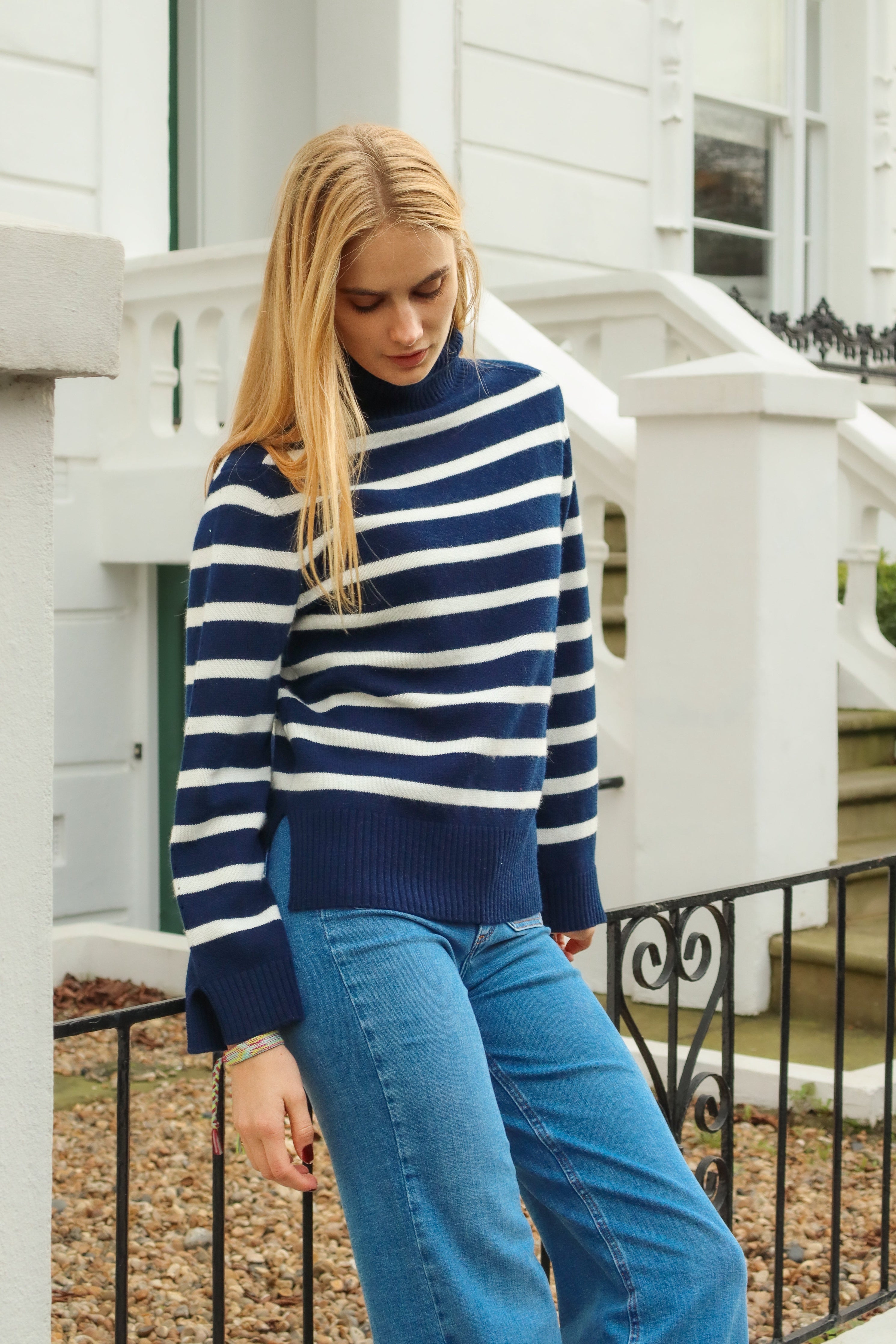 Cashmere Blend Striped Roll Neck Jumper | Navy/Ivory