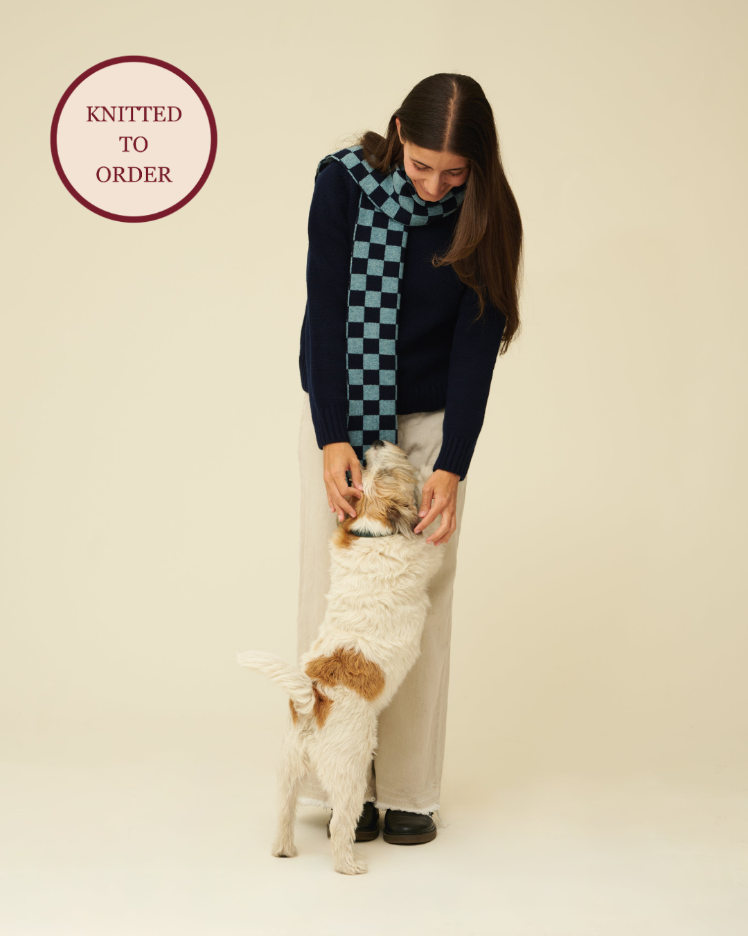 Checkerboard Merino Lambswool Scarf - Navy Blue & Helford Green (Knitted-to-Order)