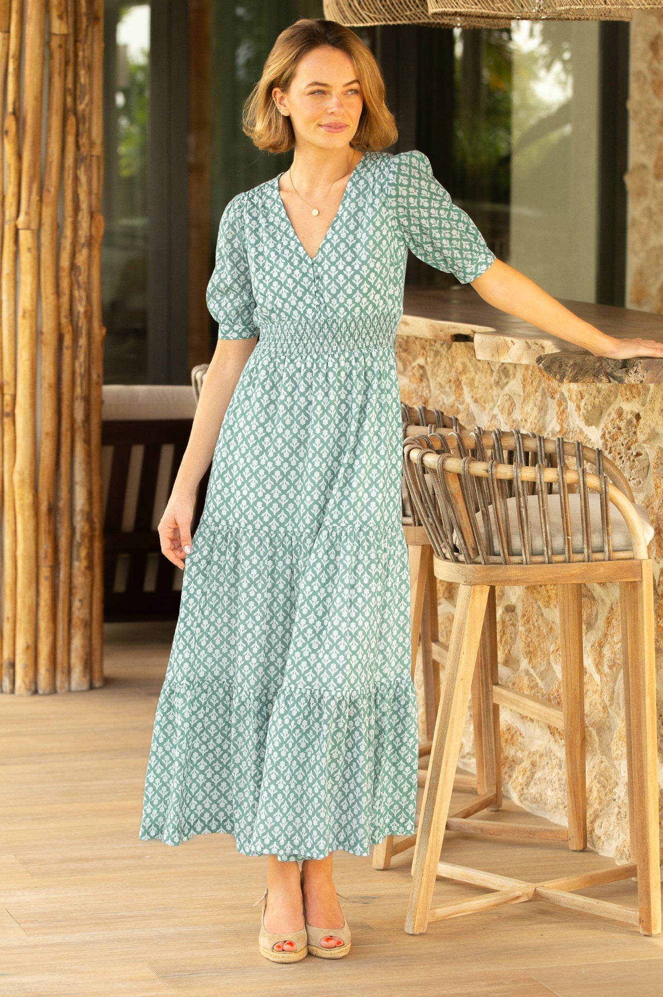 Billie Short Sleeve Organic Cotton Dress | Flower Stamp Sage/White