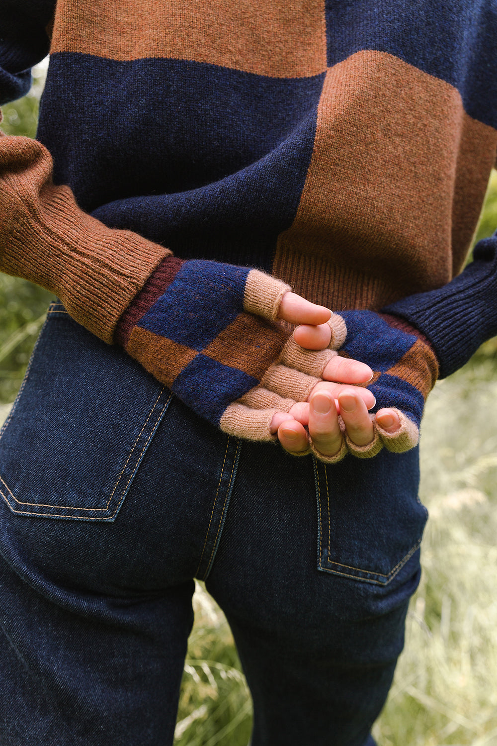 Check Fingerless Glove - Suede