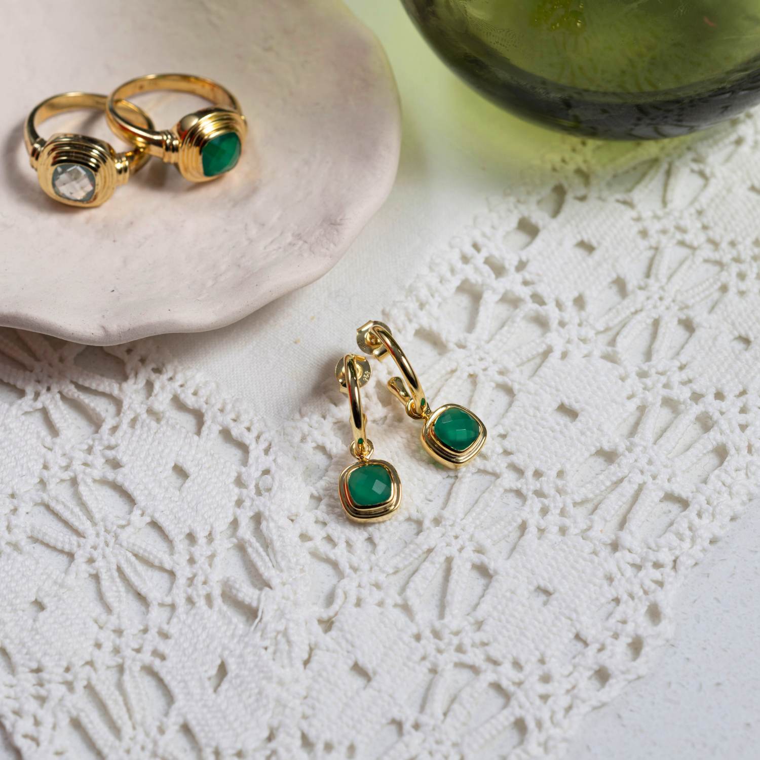 California Cushion Green Onyx and Gold Interchangeable Hoop Earrings