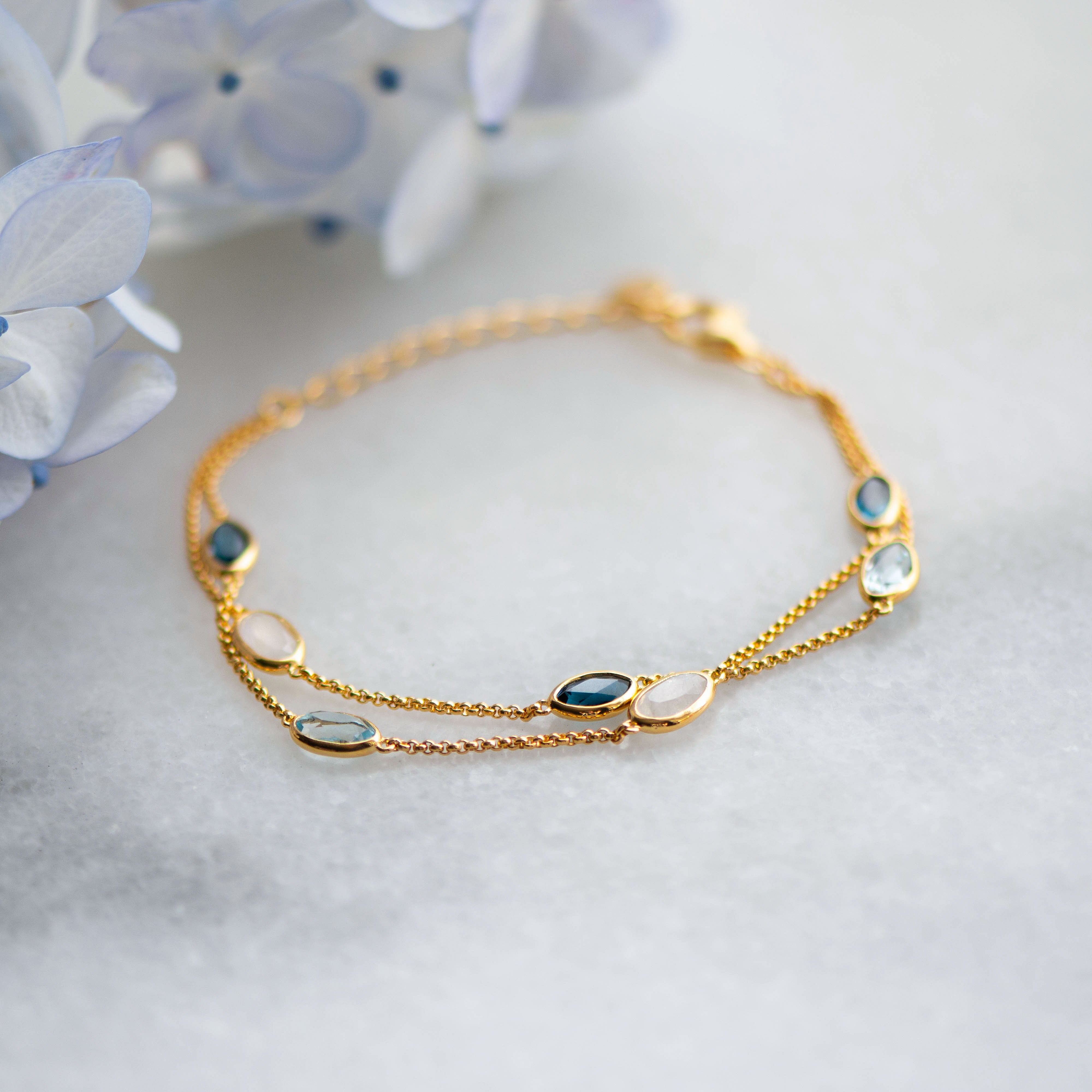 Lola Bracelet in Gold With London Blue Topaz, Sky Blue Topaz and Rainbow Moonstone