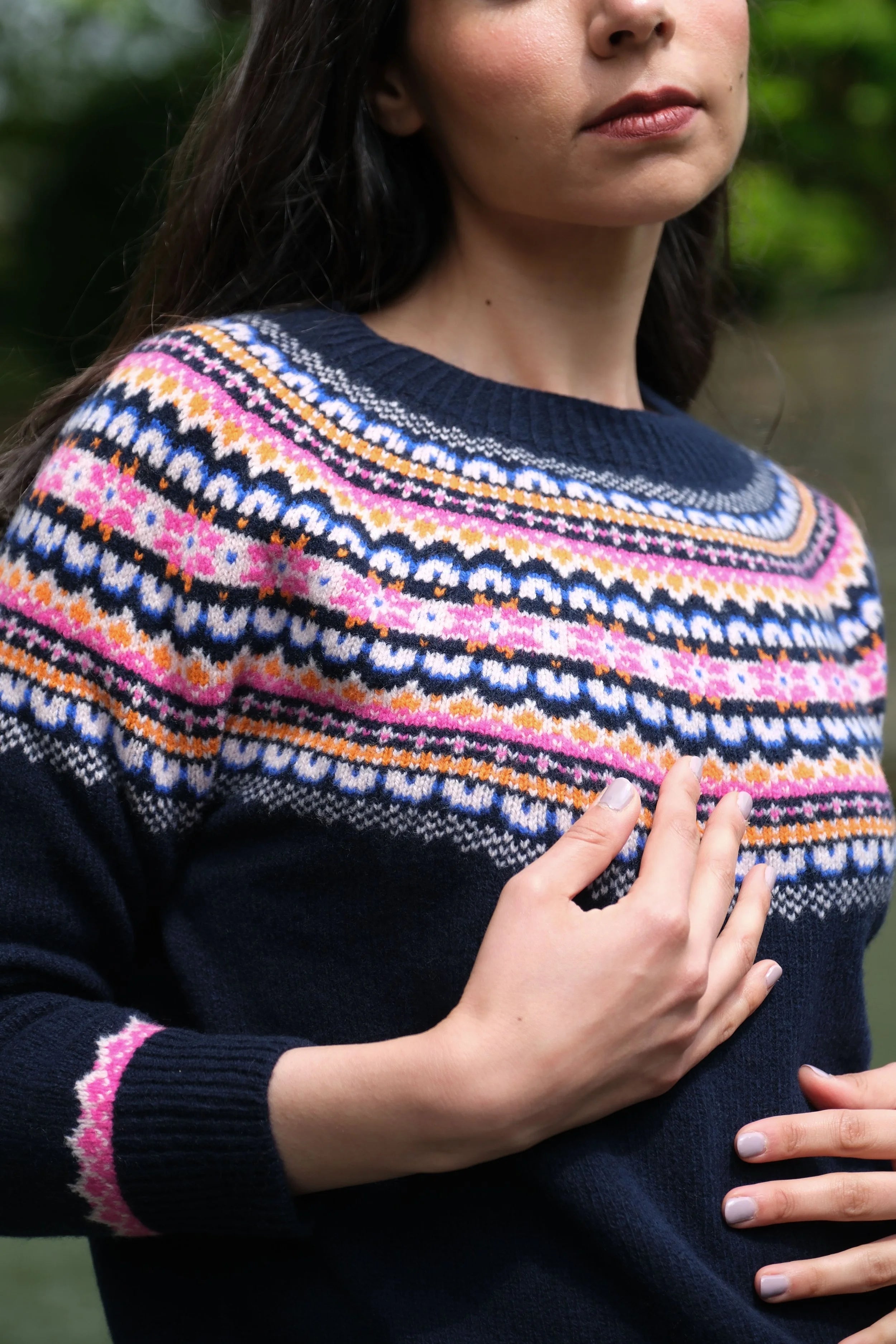 Fairisle Jumper in Deep Navy With Orangey-Pink Glow