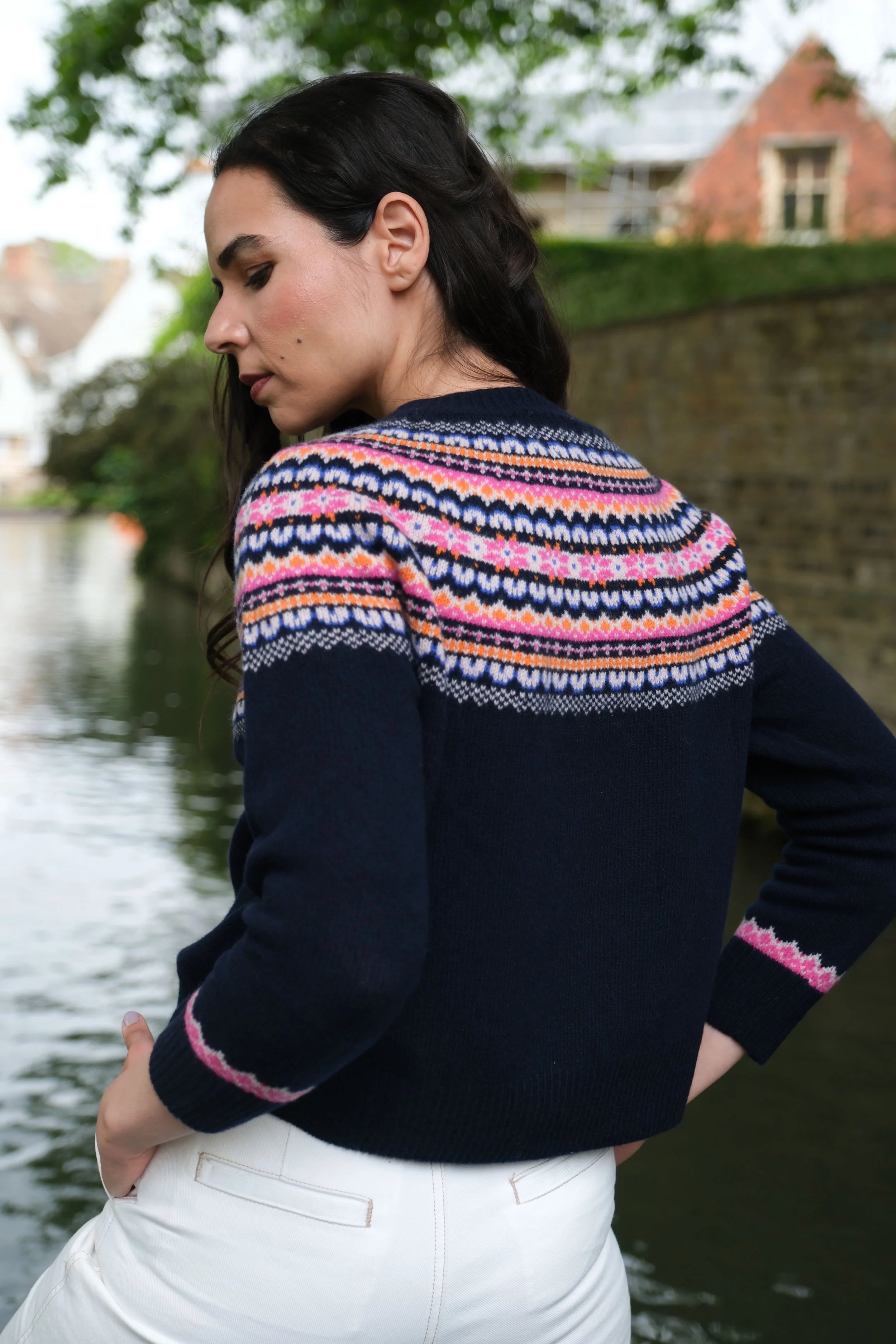 Fairisle Jumper in Deep Navy With Orangey-Pink Glow
