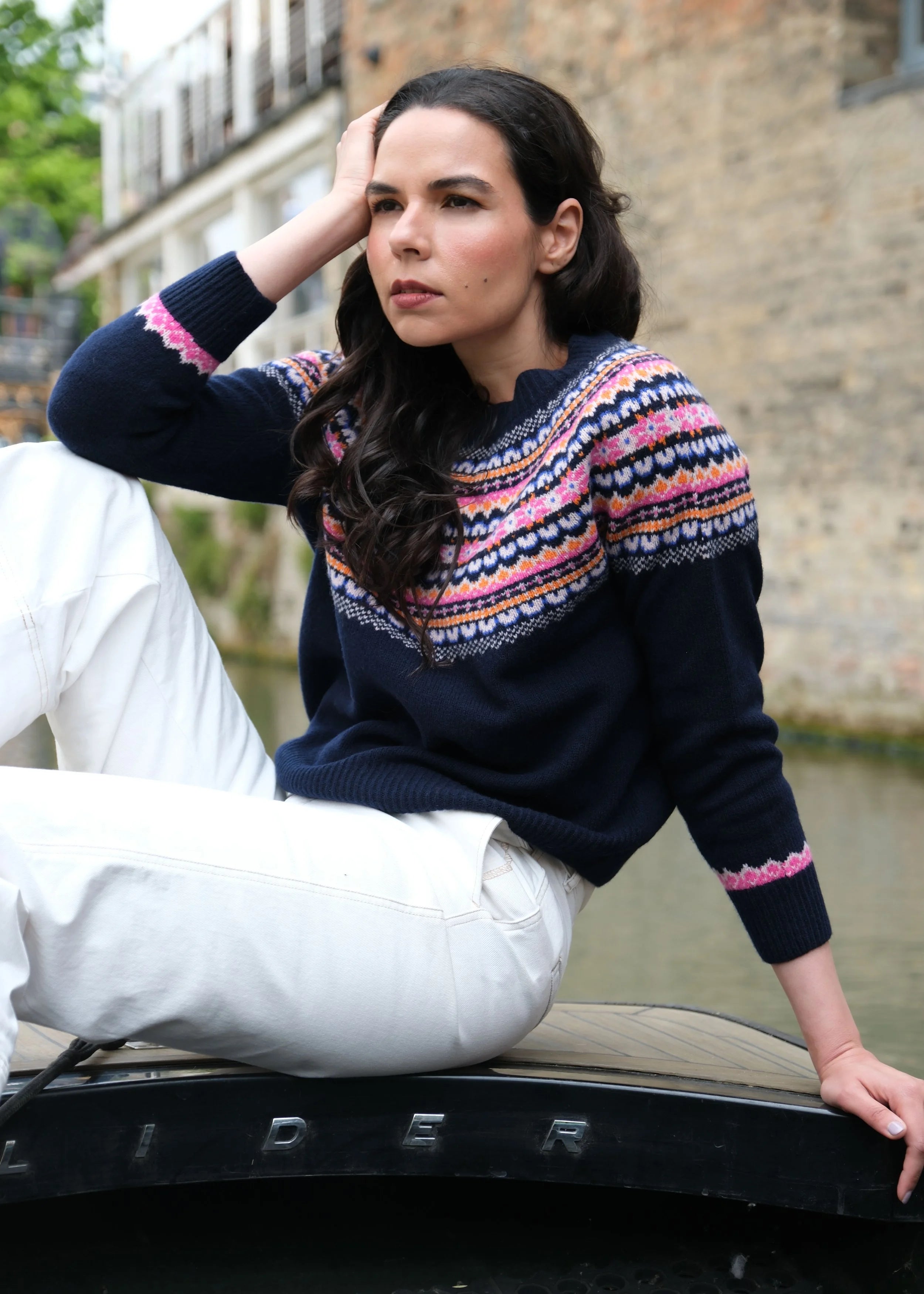 Fairisle Jumper in Deep Navy With Orangey-Pink Glow
