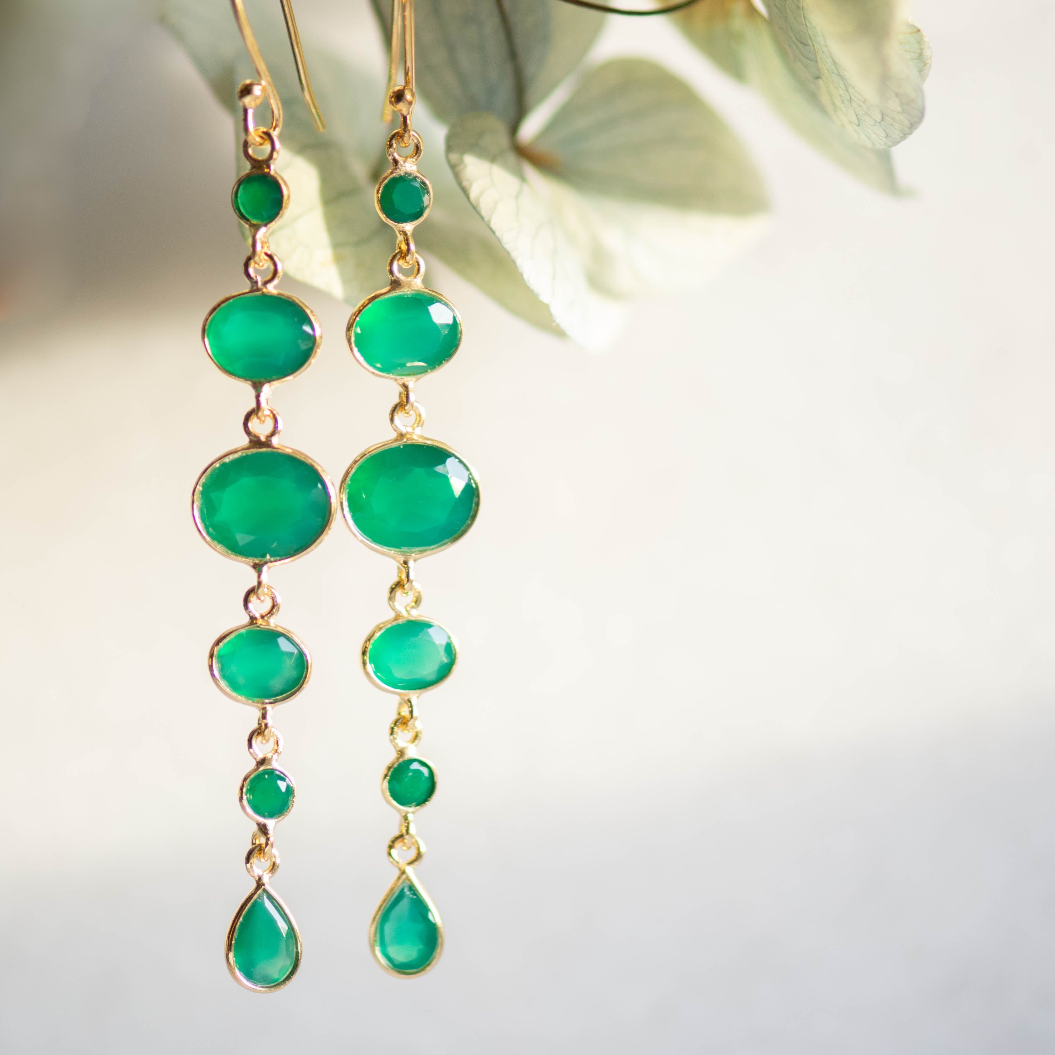 Marilyn Necklace and Cascade Earrings in Gold with Green Onyx