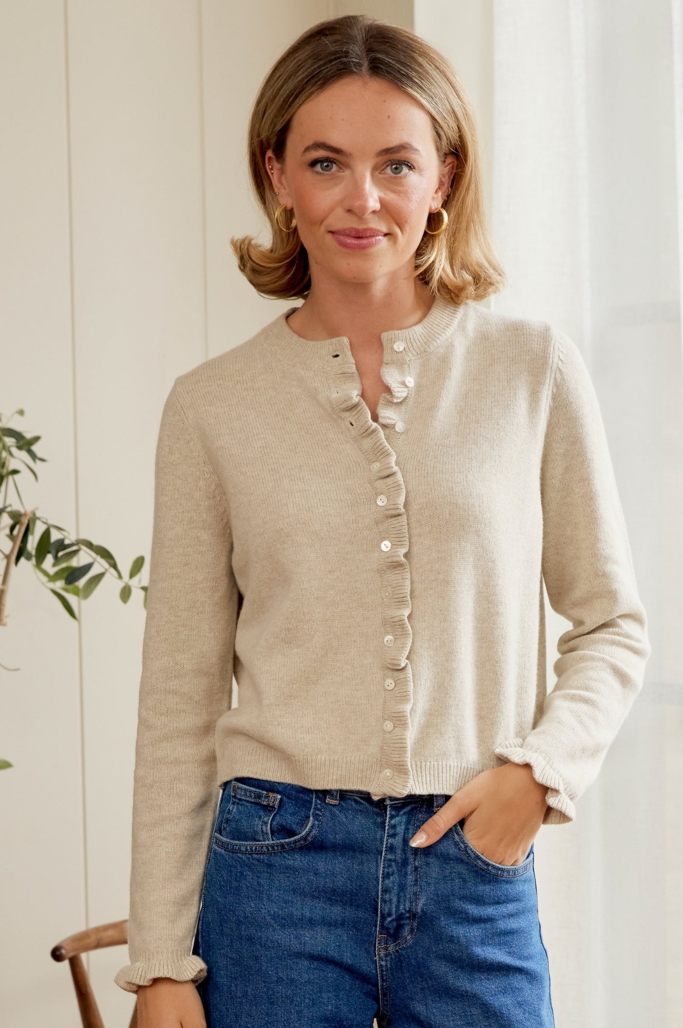 Merino Wool Frill Cardigan | Taupe