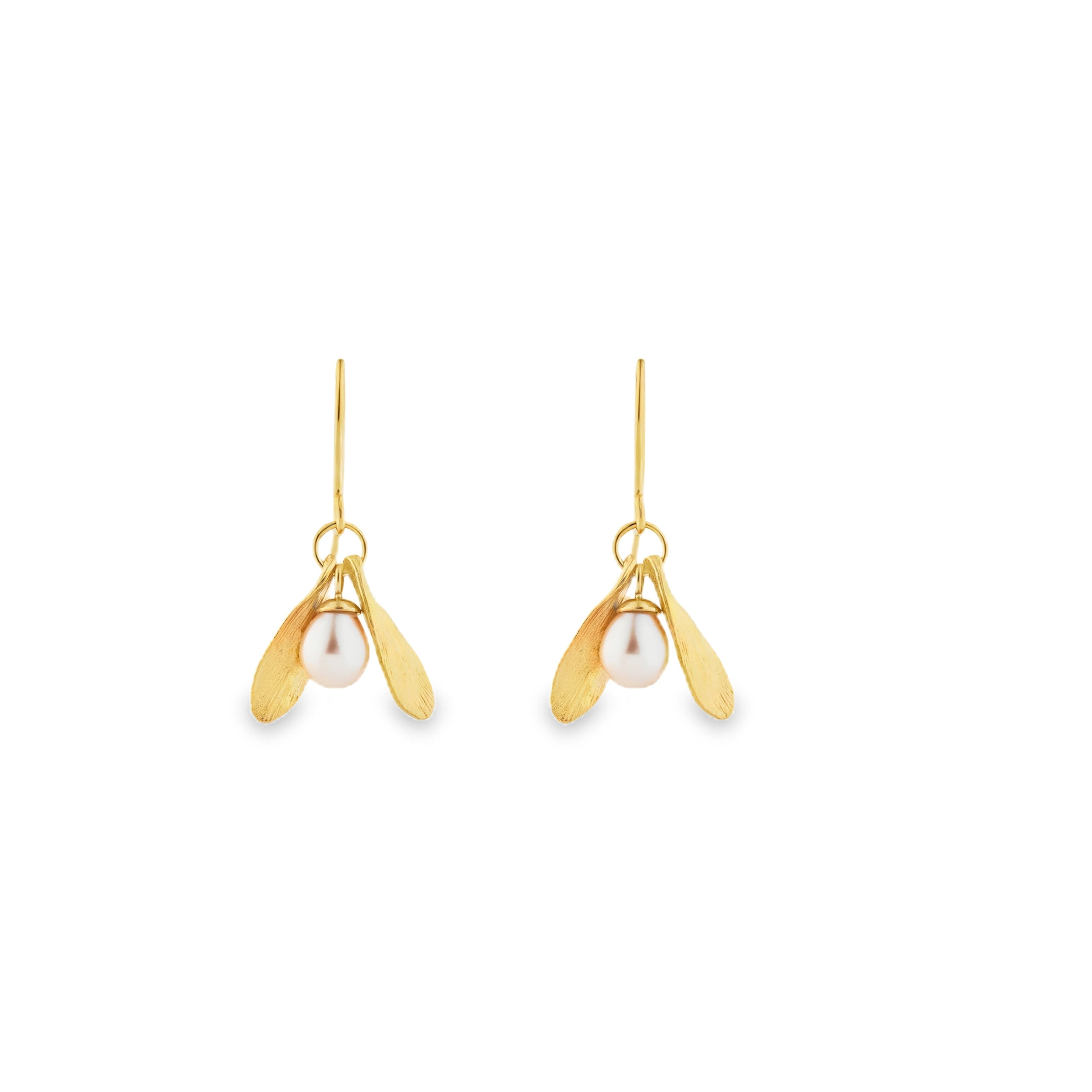 Gold Double Leaf and Pearl Earrings