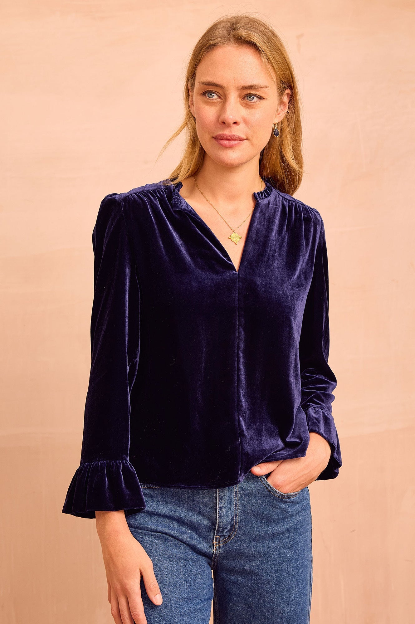 Astrid Velvet V-Neck Top | Navy