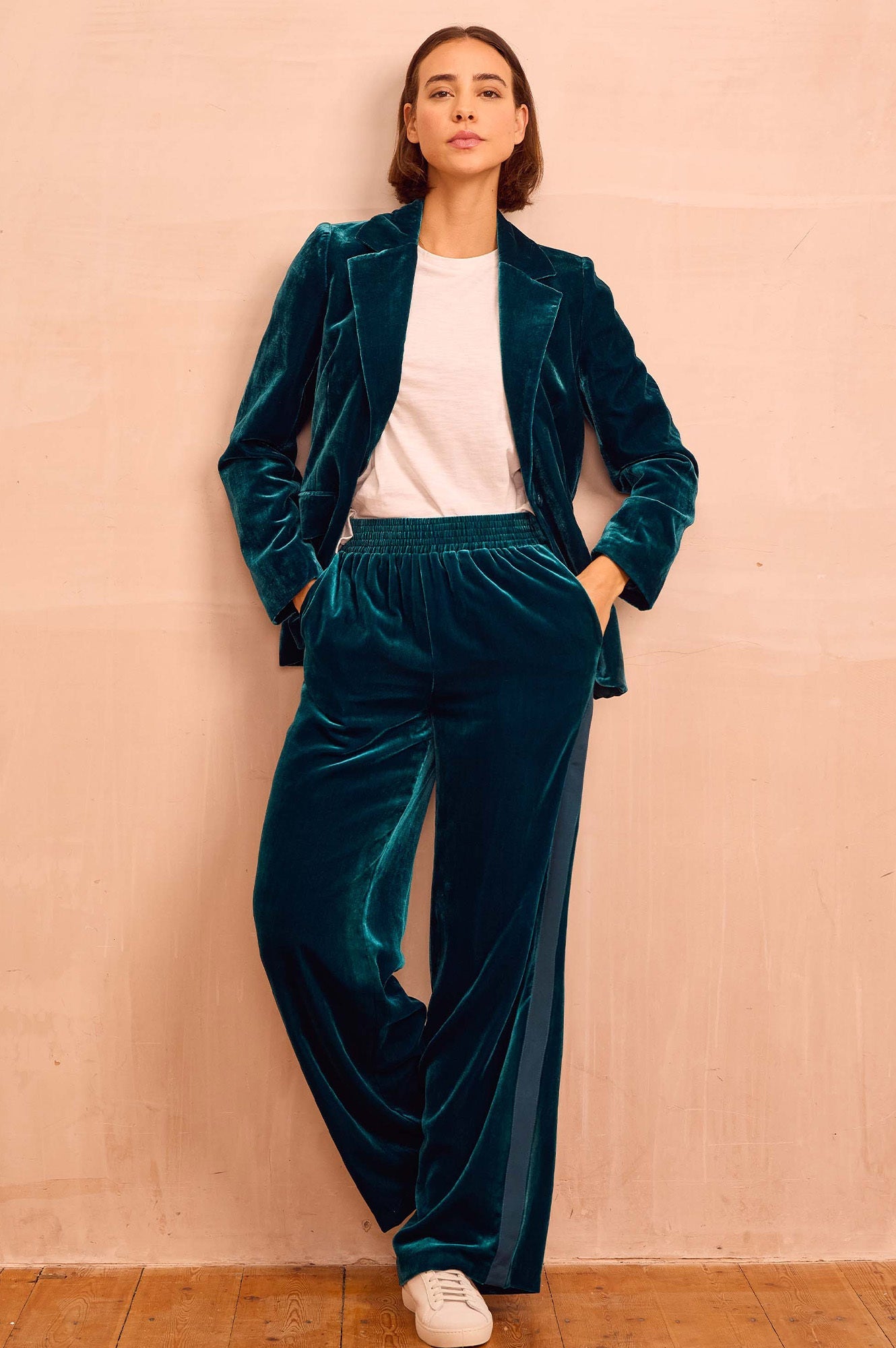 Velvet Side Stripe Trousers | Teal