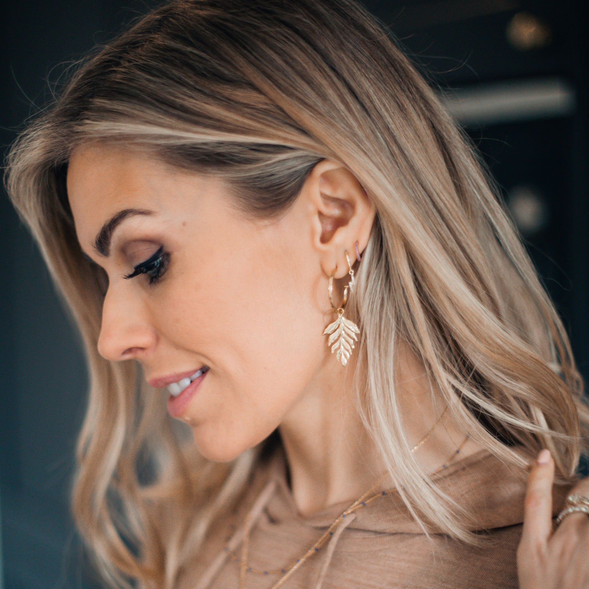 Gold Fern Drop Hammered Hoop Earrings