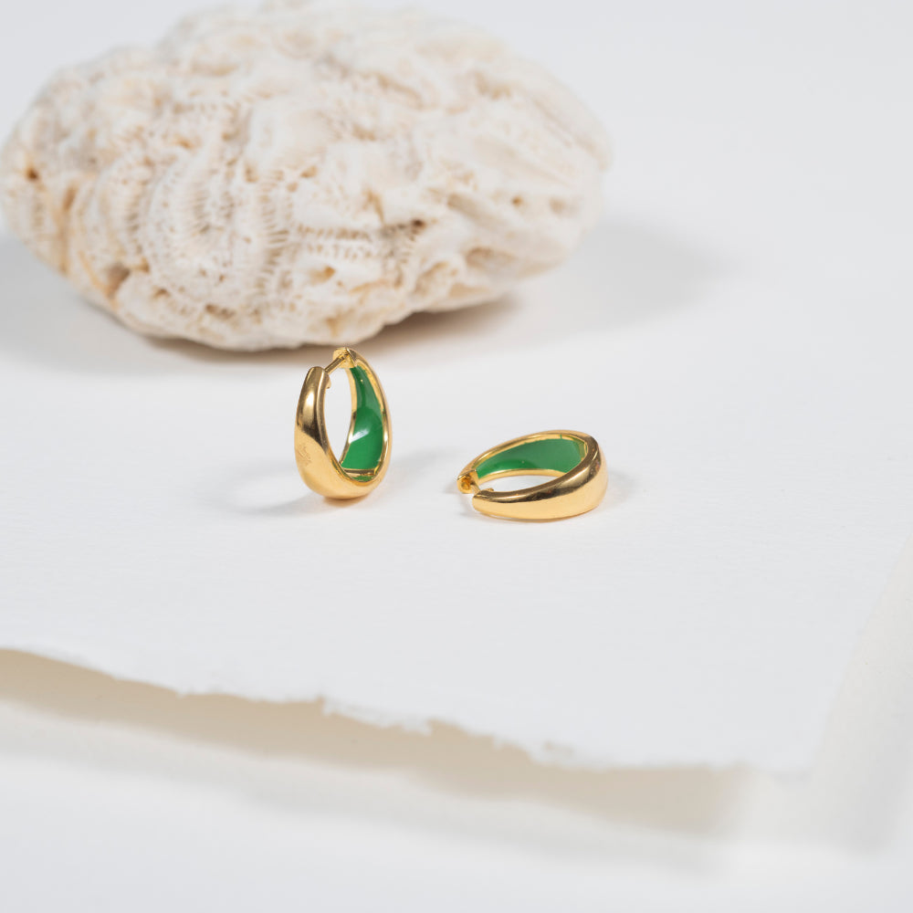 Havana Apple Green Enamel and Gold Huggie Hoop Earrings
