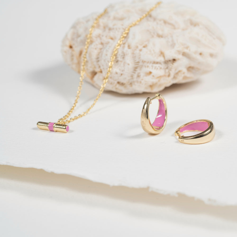 Havana Flamingo Pink Enamel & Gold Huggie Hoop Earrings