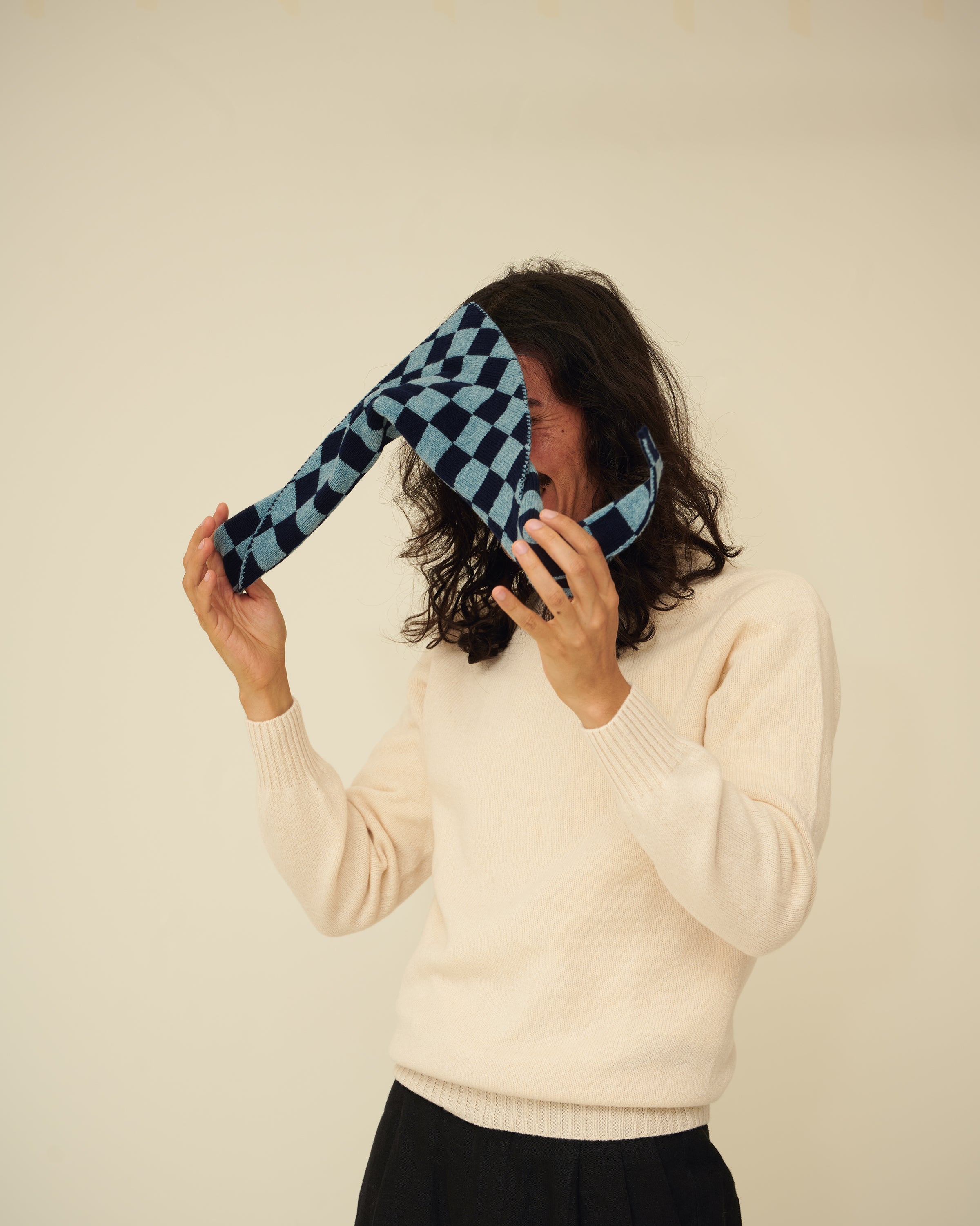 Checkerboard Merino Lambswool Neckerchief - Navy Blue & Helford Green