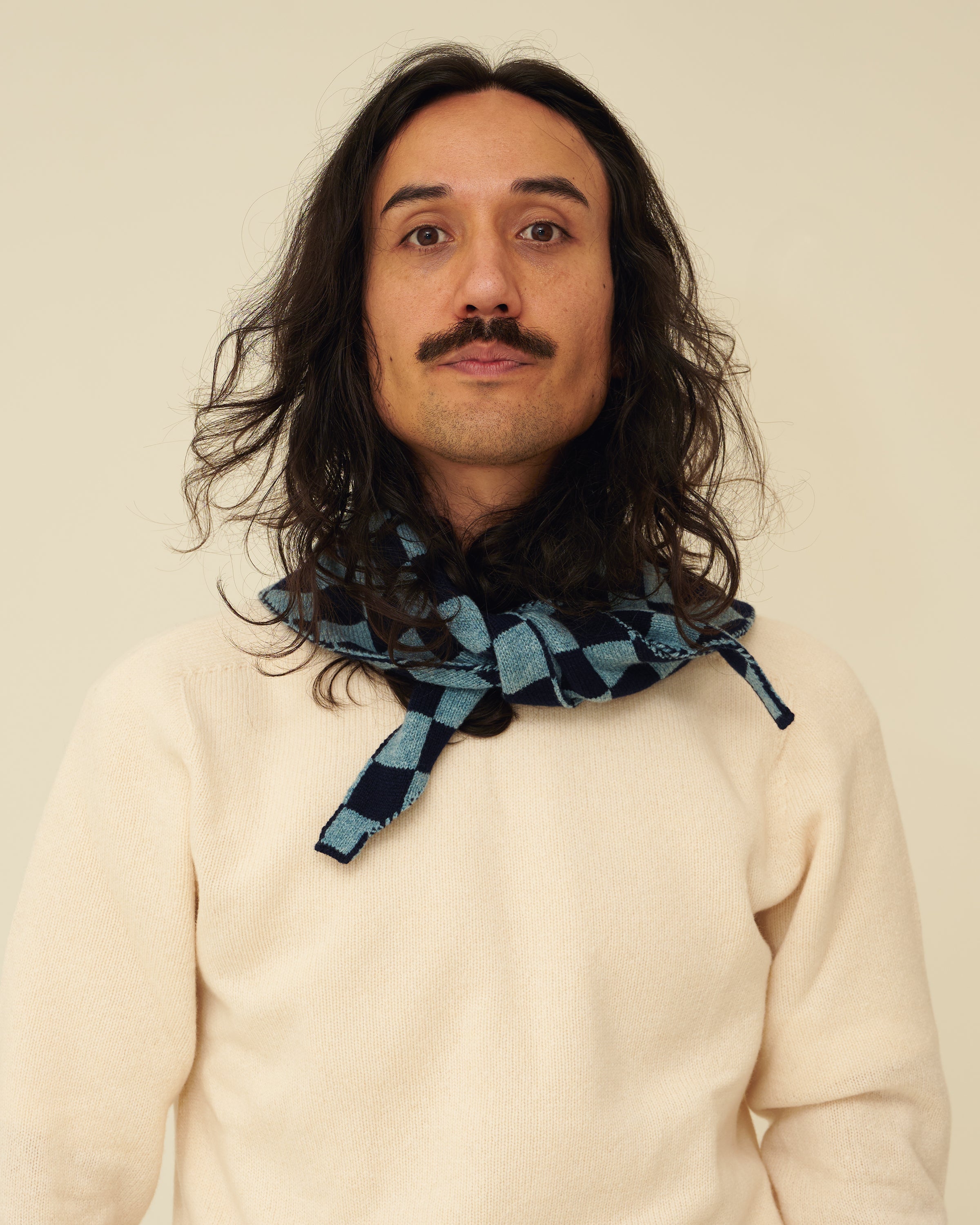Checkerboard Merino Lambswool Neckerchief - Navy Blue & Helford Green
