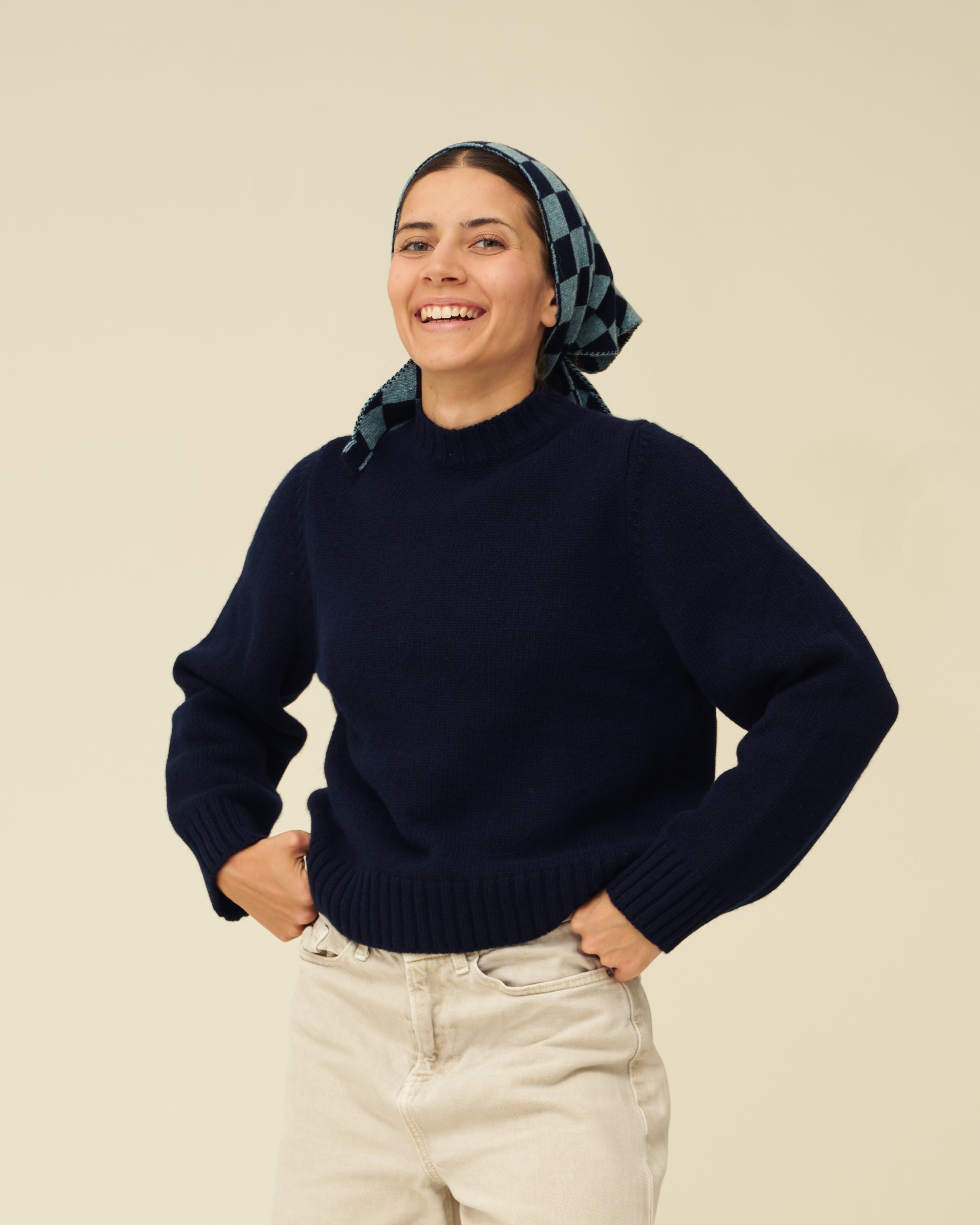 Checkerboard Merino Lambswool Neckerchief - Navy Blue & Helford Green (Knitted-to-Order)